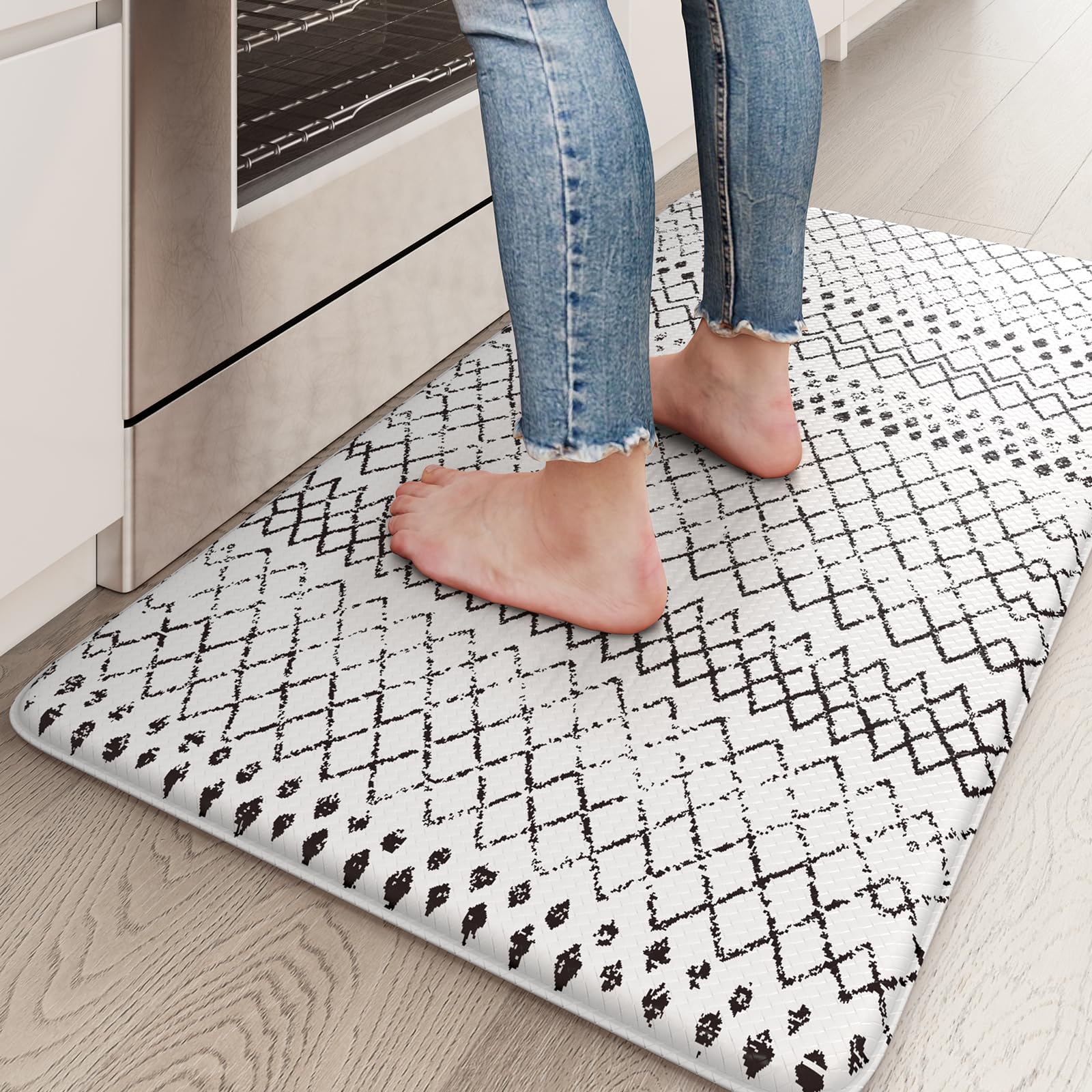 KIMODE Kitchen Mats 2PCS,Cushioned Anti Fatigue Kitchen Rugs and Mats,Non Skid Waterproof Kitchen Mats for Floor,Comfort Foam Standing Mat for Home Decor, Office,Sink,Laundry Room,Desk,Black and White
