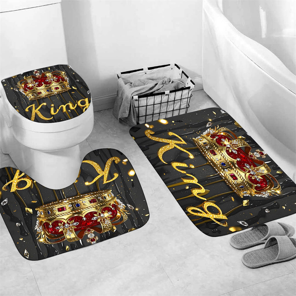 AZHM Golden Crown Print Shower Curtain Set Black Luxury Bathroom Accessories Sets with Shower Curtain and Rugs