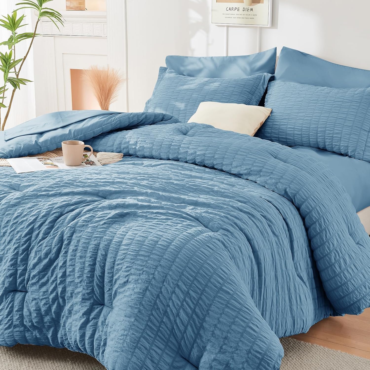 HYMOKEGE 7 Piece King Size Comforter Set Seersucker, All Season Luxury Bed in a Bag for Bedroom, Bedding Set with Comforters, Sheets, Pillowcases & Shams, Dark Grey
