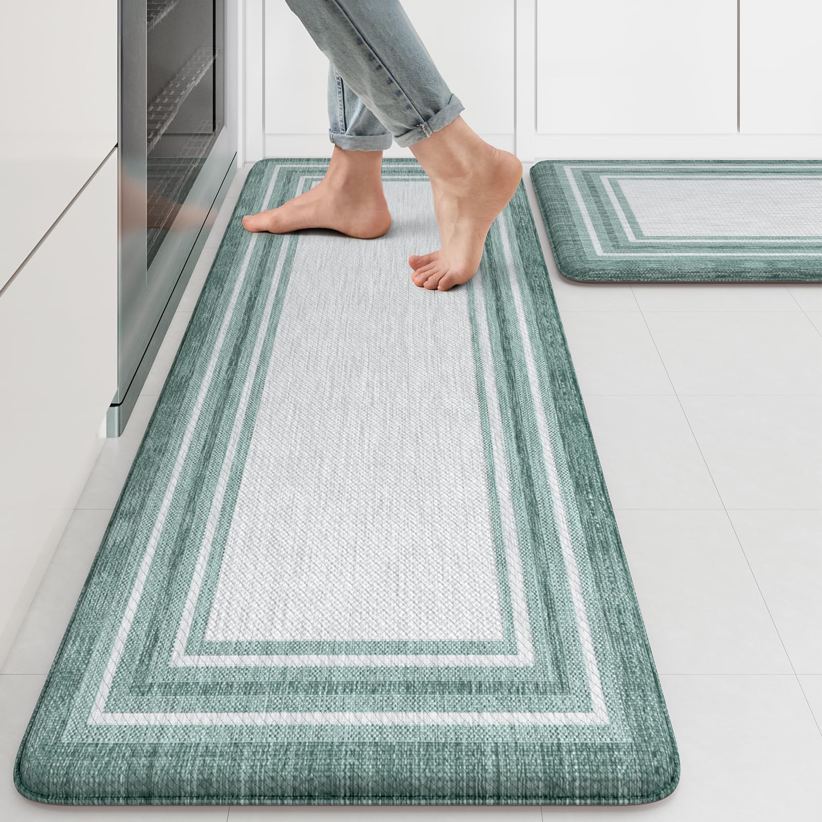 KIMODE Kitchen Mats 2PCS,Cushioned Anti Fatigue Kitchen Rugs and Mats,Non Skid Waterproof Kitchen Mats for Floor,Comfort Foam Standing Mat for Home Decor, Office,Sink,Laundry Room,Desk,Black and White