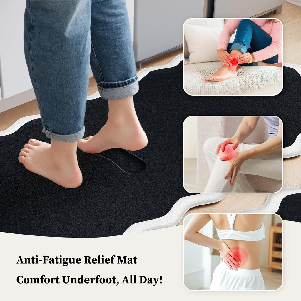 Arenarug Upgrade Scalloped Embossed Kitchen Mats for Floor 2PCS Cushioned Anti Fatigue Waterproof Foam Kitchen Rugs Non Slip Washable Comfort Standing Mat for Office Sink Laundry, Black