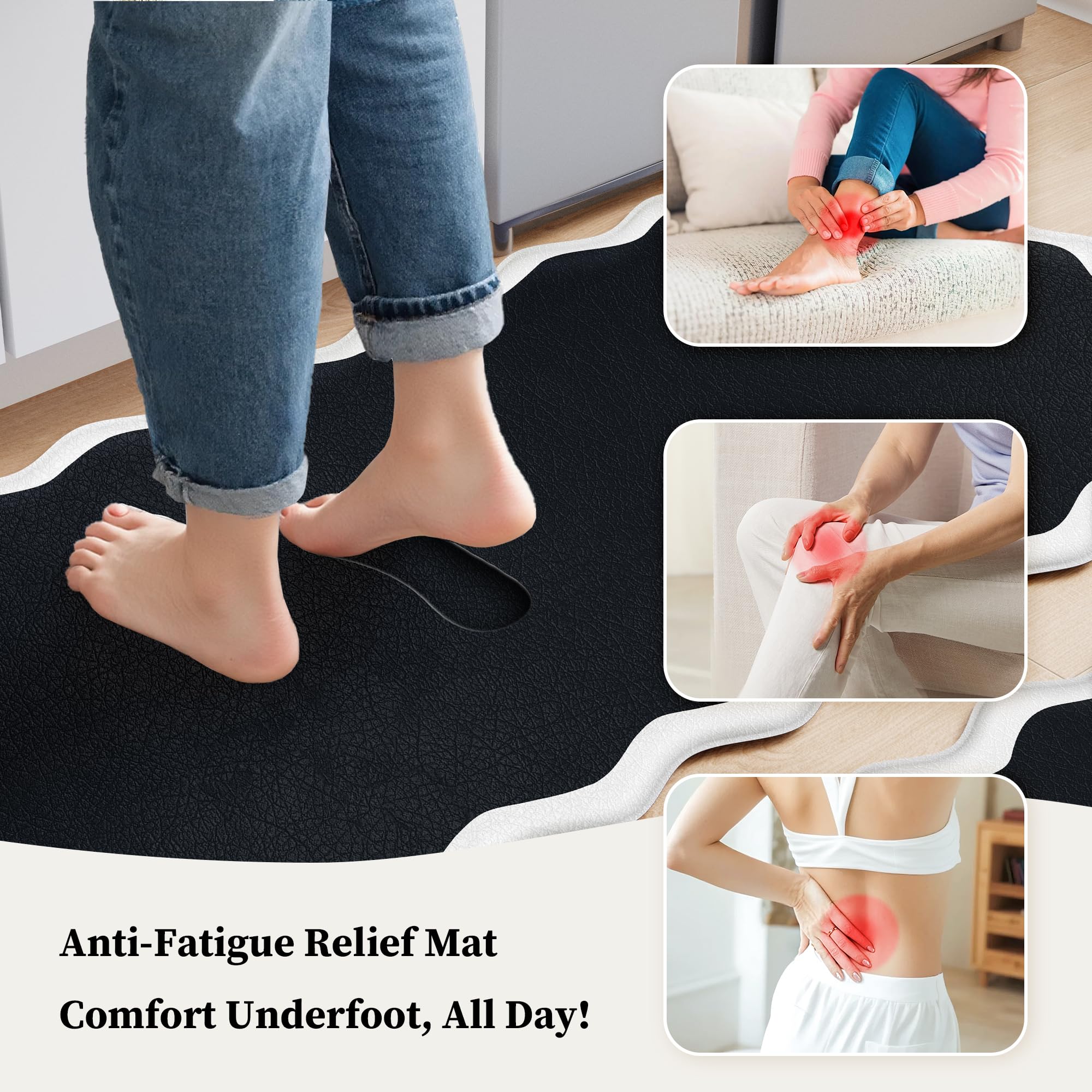 Arenarug Upgrade Scalloped Embossed Kitchen Mats for Floor 2PCS Cushioned Anti Fatigue Waterproof Foam Kitchen Rugs Non Slip Washable Comfort Standing Mat for Office Sink Laundry, Black
