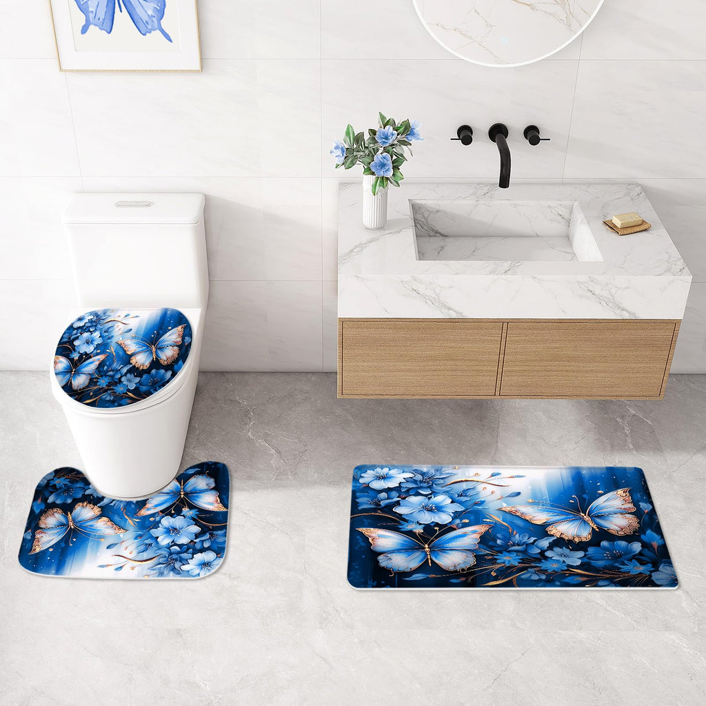 Litabel 4 Pcs Black Floral Butterfly Shower Curtain Set with Non-Slip Rugs, White Gold Modern Toilet Lid Cover and Bath Mat, Elegant Bathroom Decor Set (Hooks Not Included)