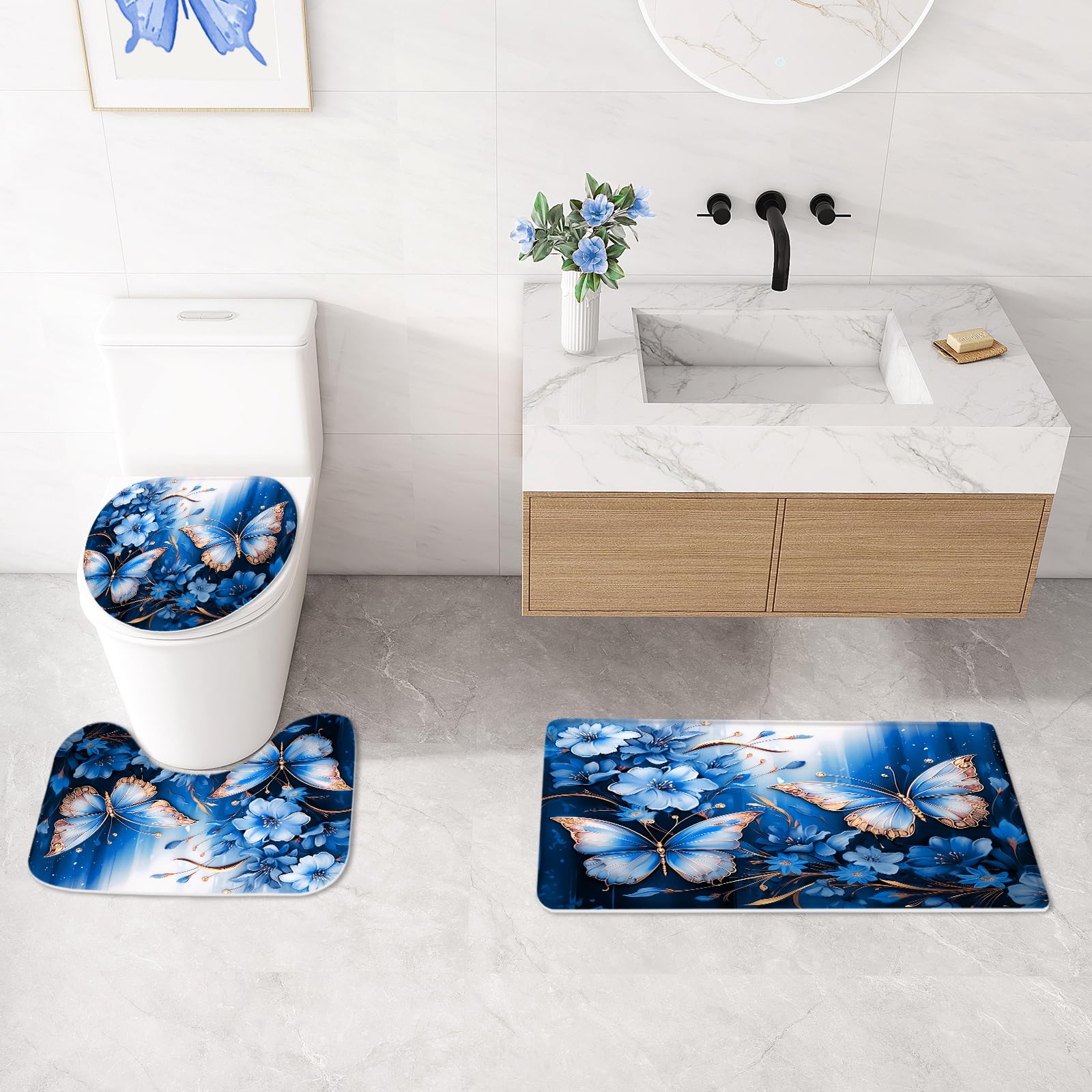 Litabel 4 Pcs Black Floral Butterfly Shower Curtain Set with Non-Slip Rugs, White Gold Modern Toilet Lid Cover and Bath Mat, Elegant Bathroom Decor Set (Hooks Not Included)