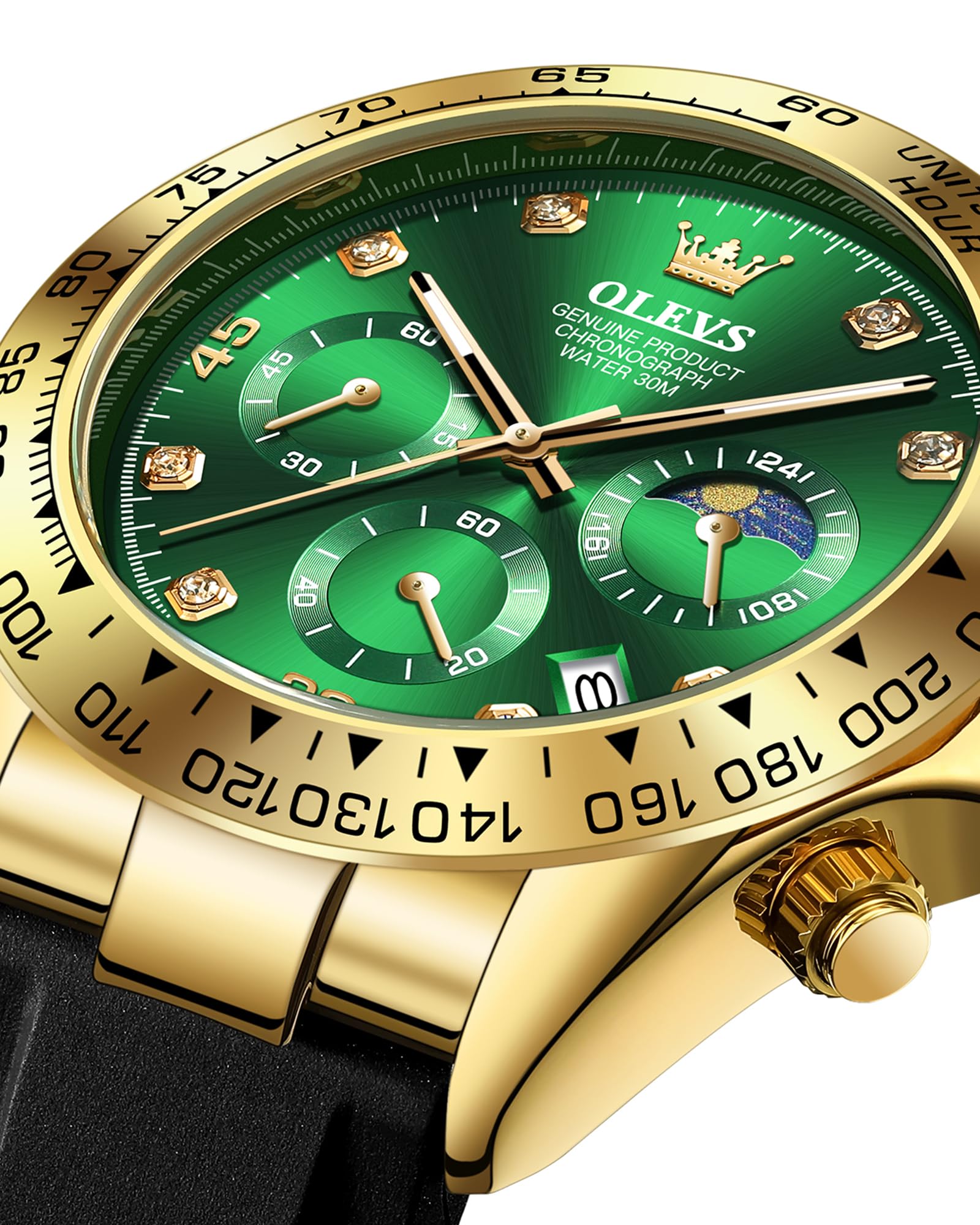 OLEVS Men Analog Quartz Waterproof Watches Multifunction Chronograph Diamond Moon Phase Luminous Silicone Band Wrist Watches