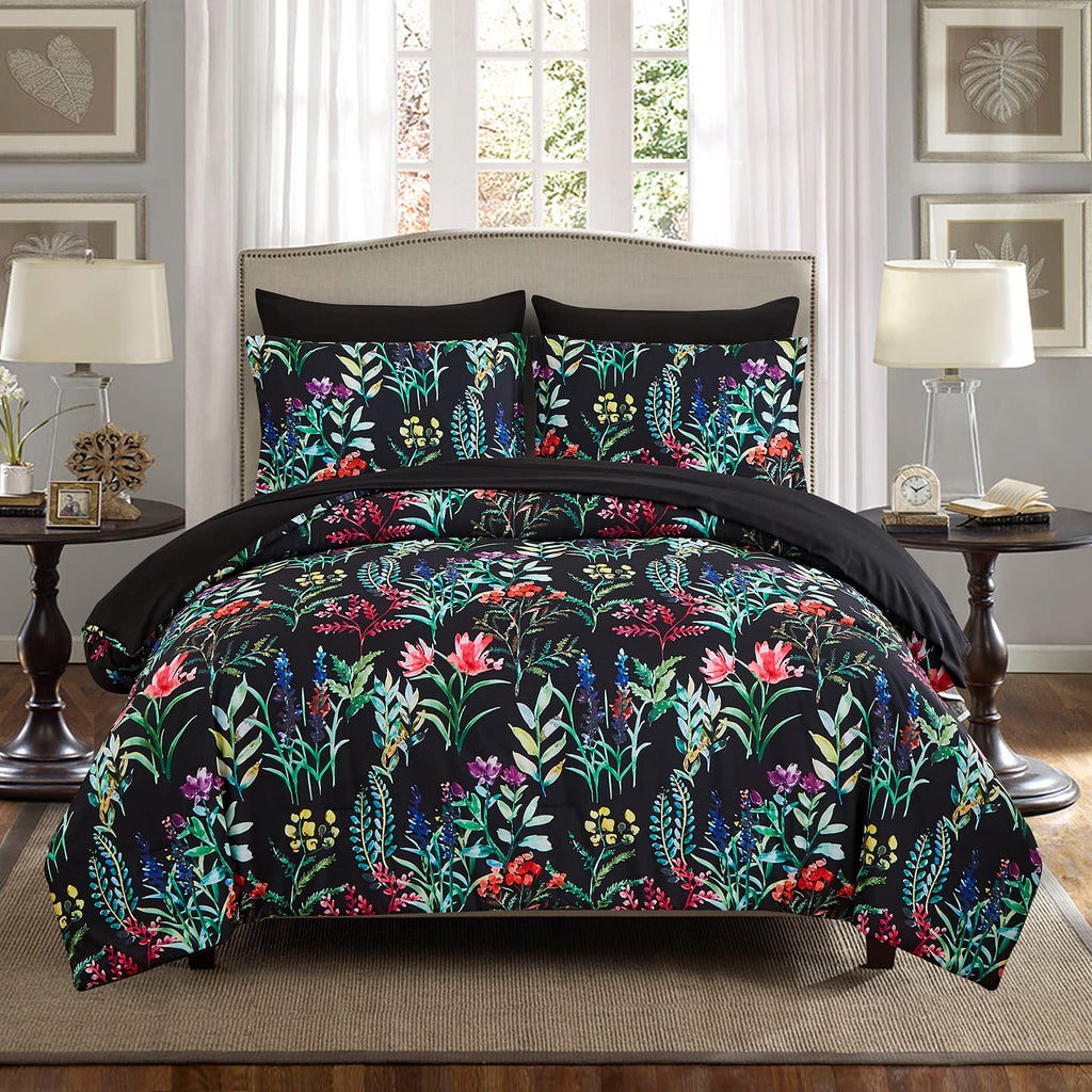 DHSFKBE 7 Piece Bed in a Bag Floral Comforter Set, Botanical Flowers Comforter and Sheet Set, Soft Microfiber Lightweight Bedding Comforter Set for All Season(Dark Floral, King)
