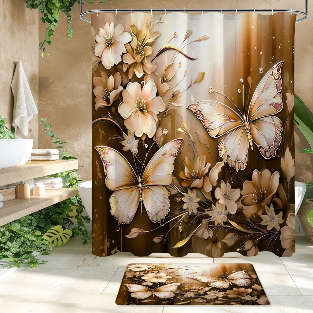 Litabel 4 Pcs Black Floral Butterfly Shower Curtain Set with Non-Slip Rugs, White Gold Modern Toilet Lid Cover and Bath Mat, Elegant Bathroom Decor Set (Hooks Not Included)