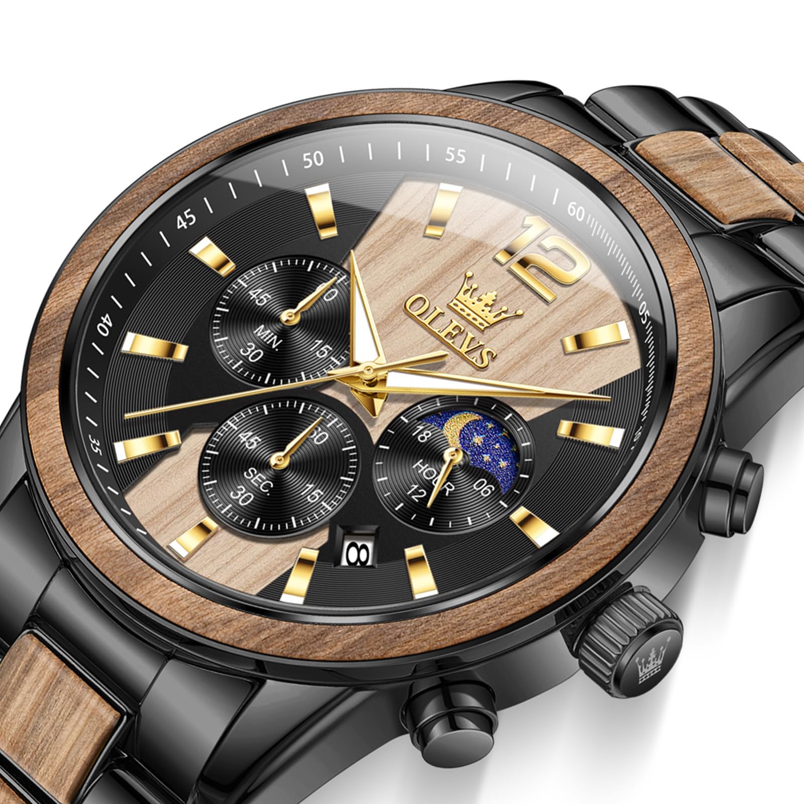 OLEVS Men Analog Quartz Waterproof Watches Multifunction Chronograph Diamond Moon Phase Luminous Silicone Band Wrist Watches