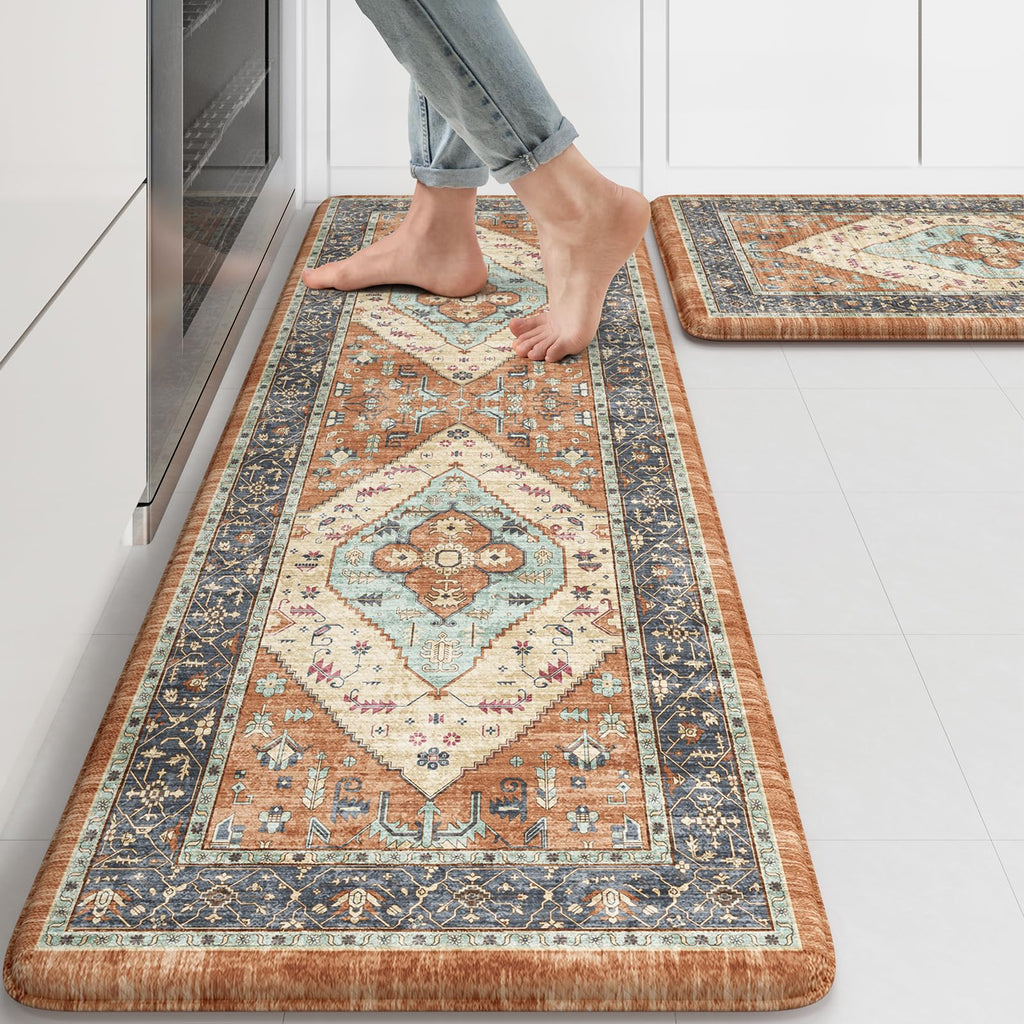 KIMODE Kitchen Mats 2PCS,Cushioned Anti Fatigue Kitchen Rugs and Mats,Non Skid Waterproof Kitchen Mats for Floor,Comfort Foam Standing Mat for Home Decor, Office,Sink,Laundry Room,Desk,Black and White