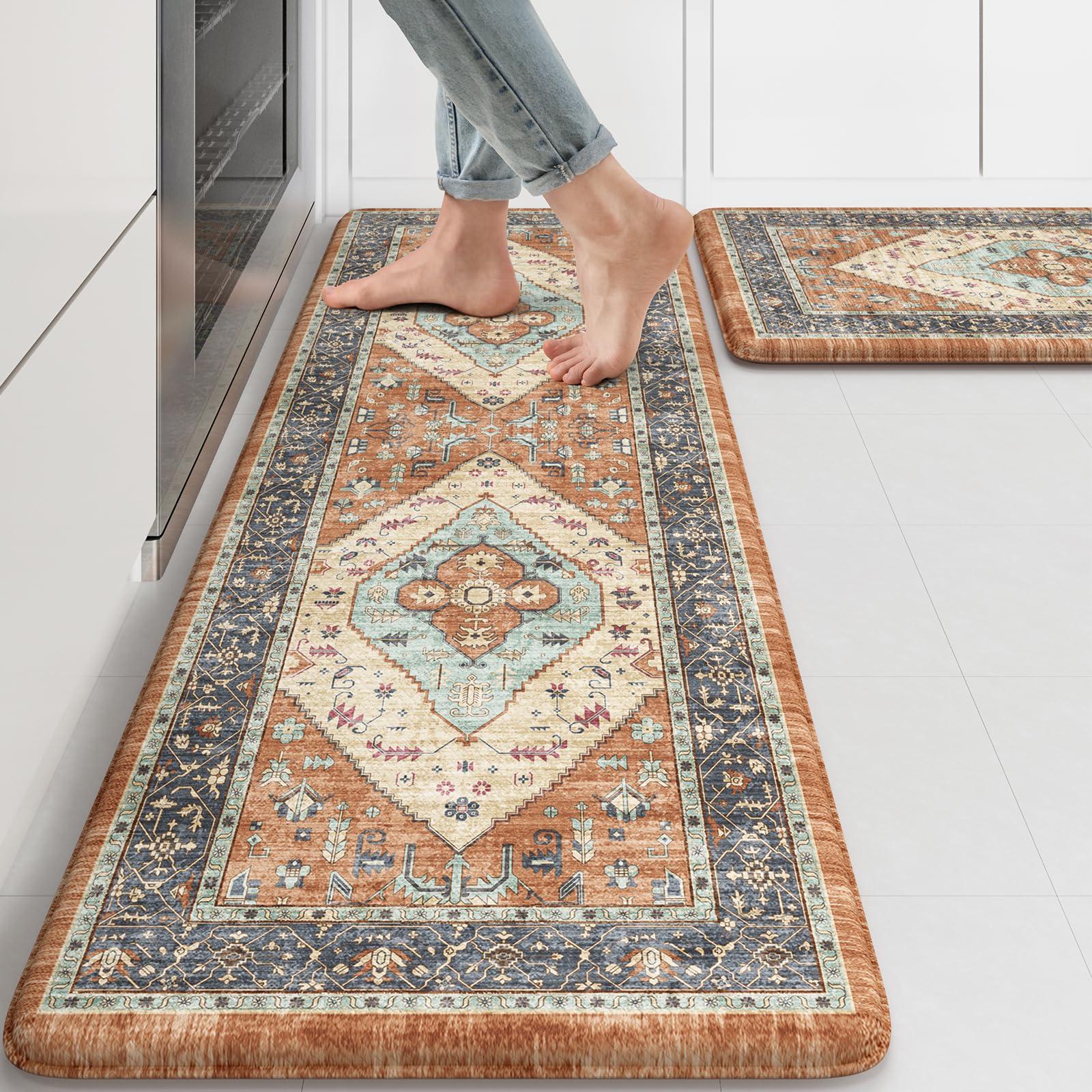 KIMODE Kitchen Mats 2PCS,Cushioned Anti Fatigue Kitchen Rugs and Mats,Non Skid Waterproof Kitchen Mats for Floor,Comfort Foam Standing Mat for Home Decor, Office,Sink,Laundry Room,Desk,Black and White