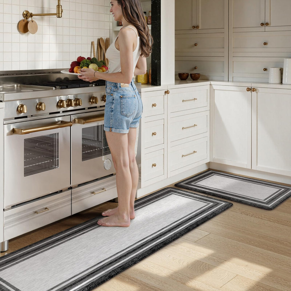 KIMODE Kitchen Mats 2PCS,Cushioned Anti Fatigue Kitchen Rugs and Mats,Non Skid Waterproof Kitchen Mats for Floor,Comfort Foam Standing Mat for Home Decor, Office,Sink,Laundry Room,Desk,Black and White