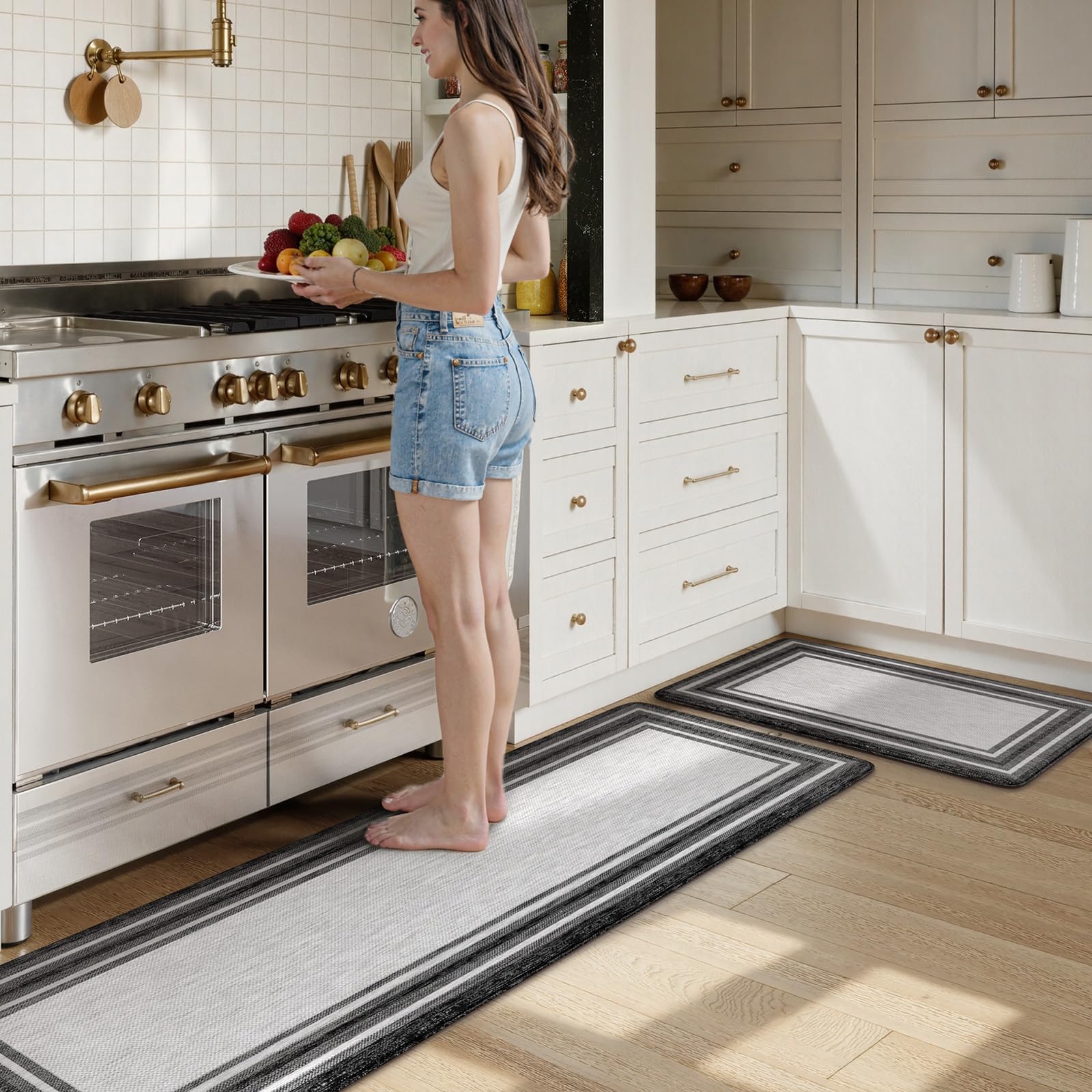 KIMODE Kitchen Mats 2PCS,Cushioned Anti Fatigue Kitchen Rugs and Mats,Non Skid Waterproof Kitchen Mats for Floor,Comfort Foam Standing Mat for Home Decor, Office,Sink,Laundry Room,Desk,Black and White