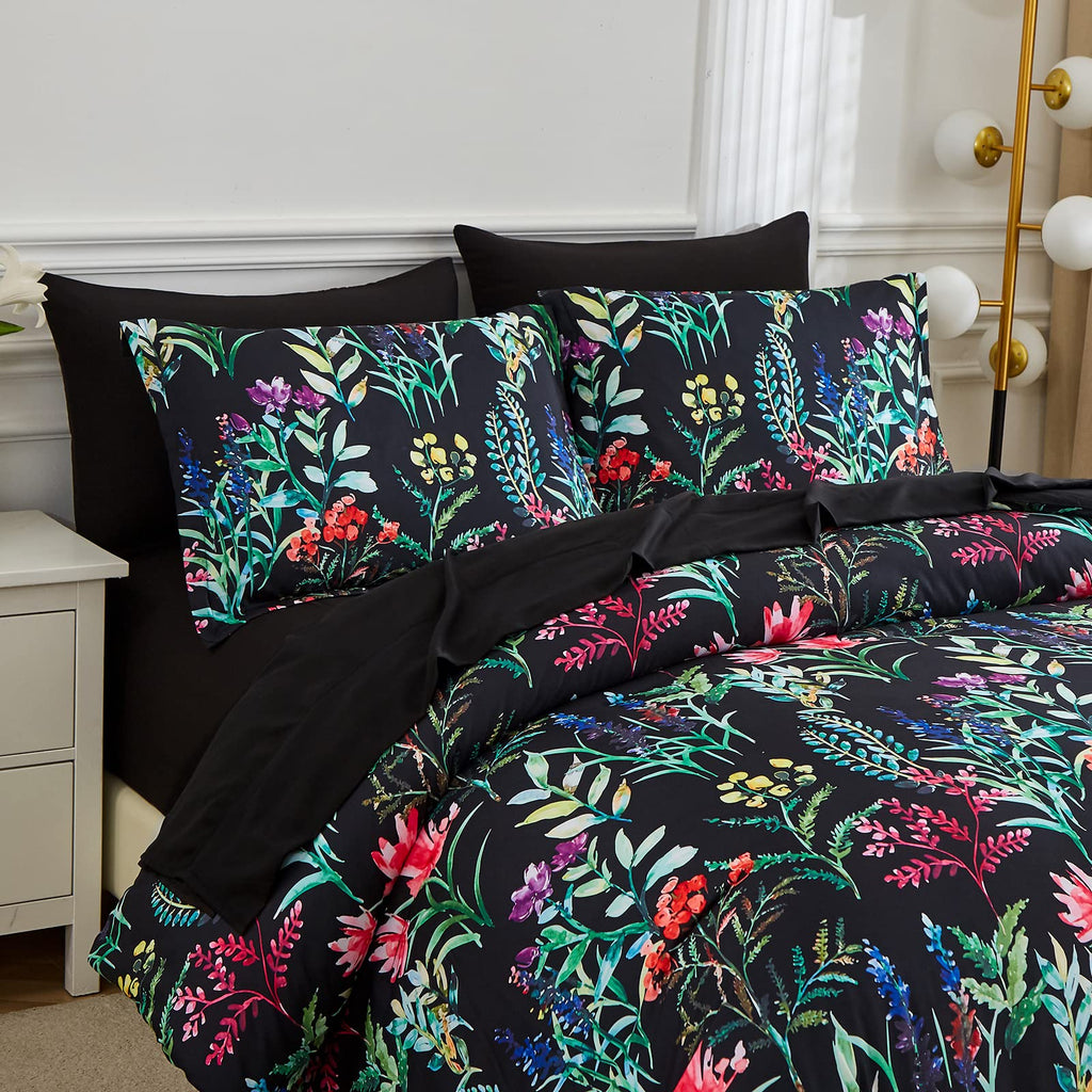 DHSFKBE 7 Piece Bed in a Bag Floral Comforter Set, Botanical Flowers Comforter and Sheet Set, Soft Microfiber Lightweight Bedding Comforter Set for All Season(Dark Floral, King)