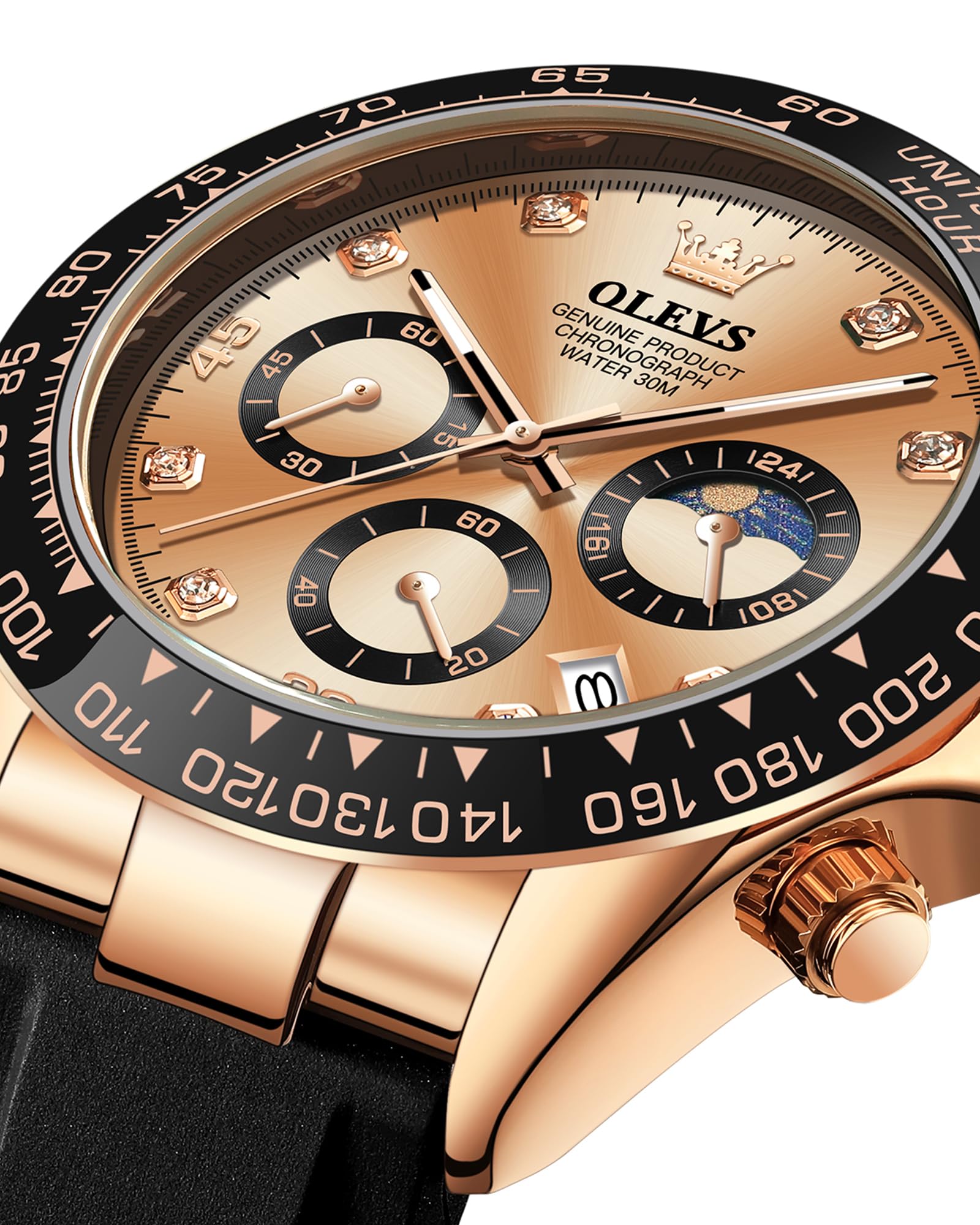 OLEVS Men Analog Quartz Waterproof Watches Multifunction Chronograph Diamond Moon Phase Luminous Silicone Band Wrist Watches