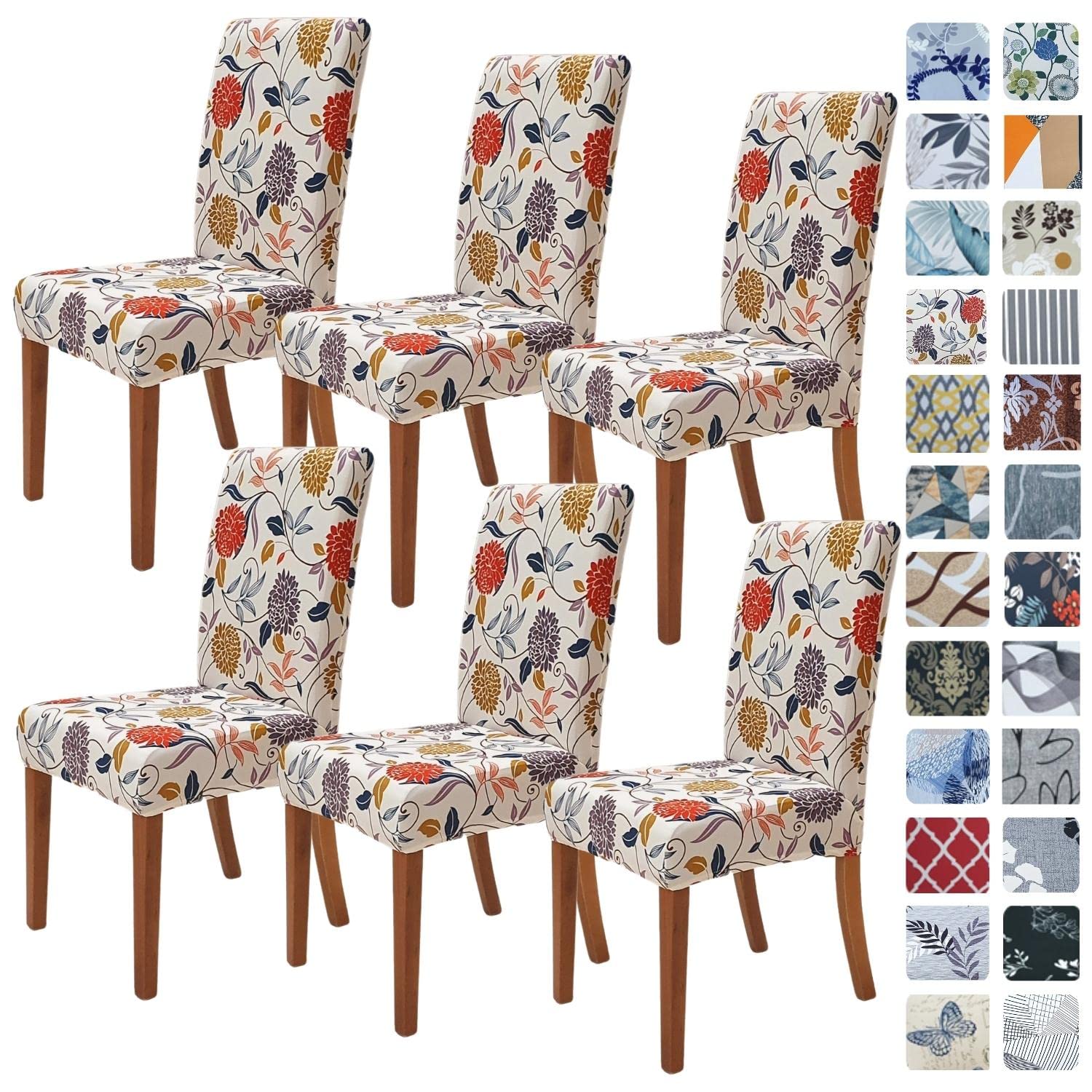 SPRINGRICO Chair Covers for Dining Room 6 Pack, Stretch Dining Chair Cover, Washable Spandex Kitchen Parsons Chair Slipcovers, Removable Seat Protector for Home or Party (Set of 6, Floral Beige)