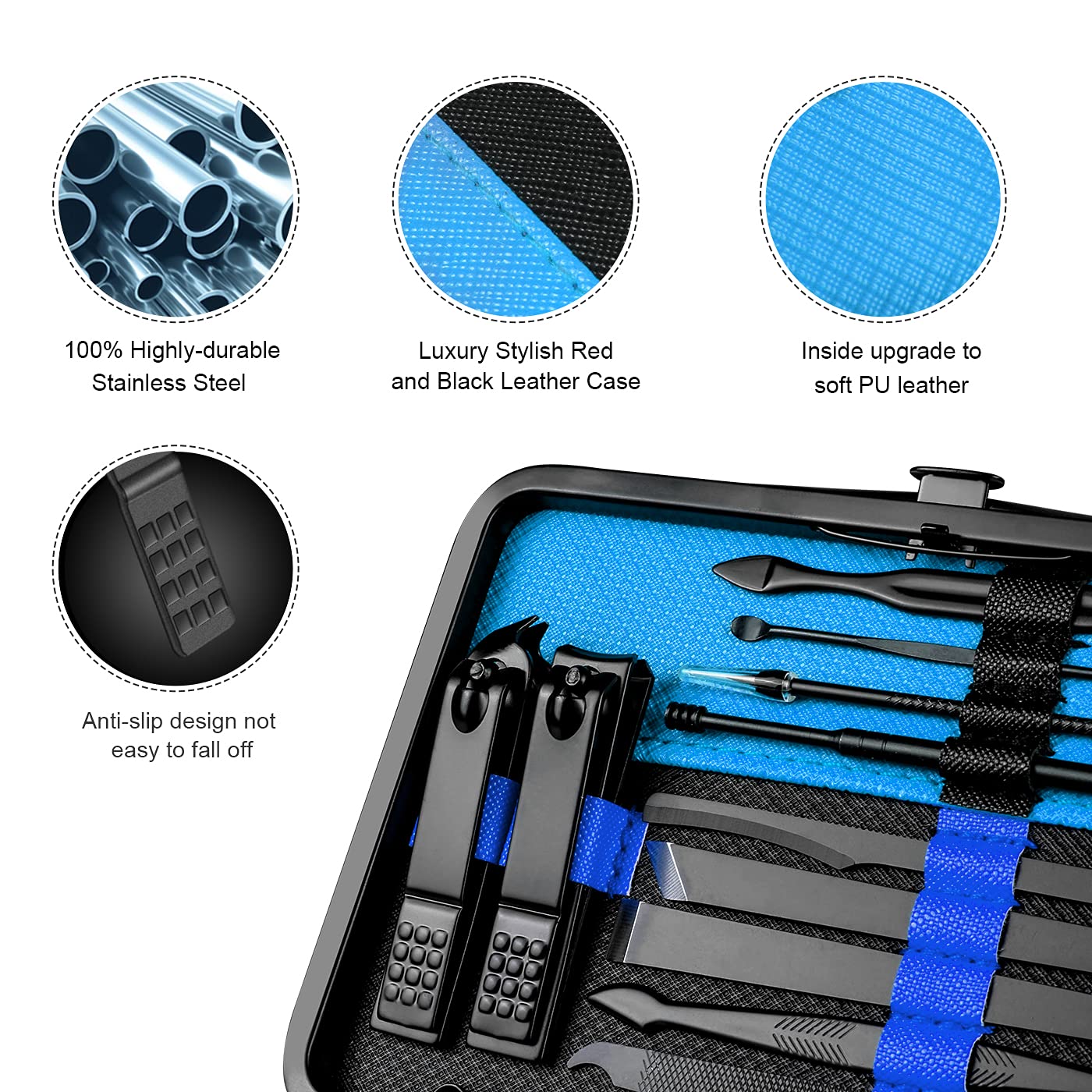 Professional Stainless Steel Nail Clipper Travel & Grooming Kit Nail Tools Manicure & Pedicure Set of 15pcs with Luxurious Case (Black/Yellow)