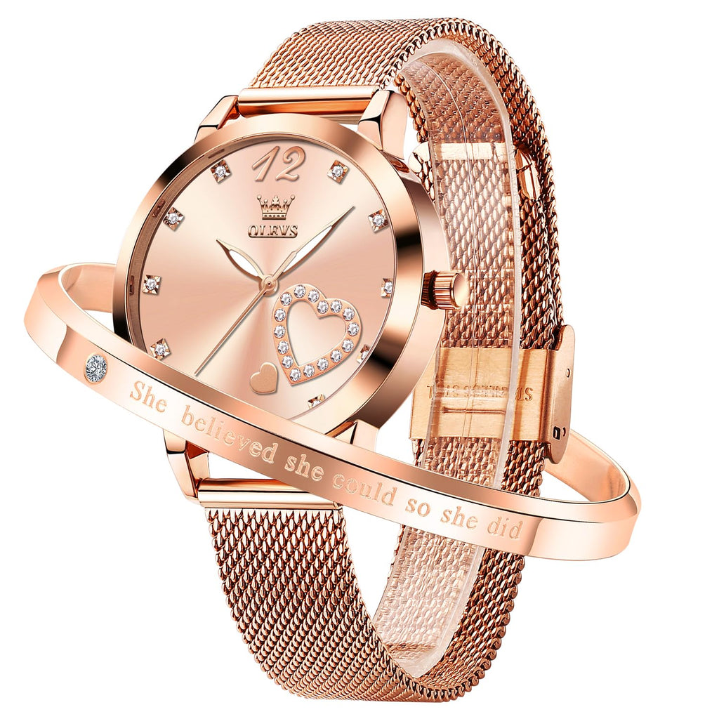 OLEVS Rose Gold Watch for Women Mesh Strap Fashion Dress Hearts Japanese Quartz Waterproof Luminous Ladies Watches Bracelet Sets