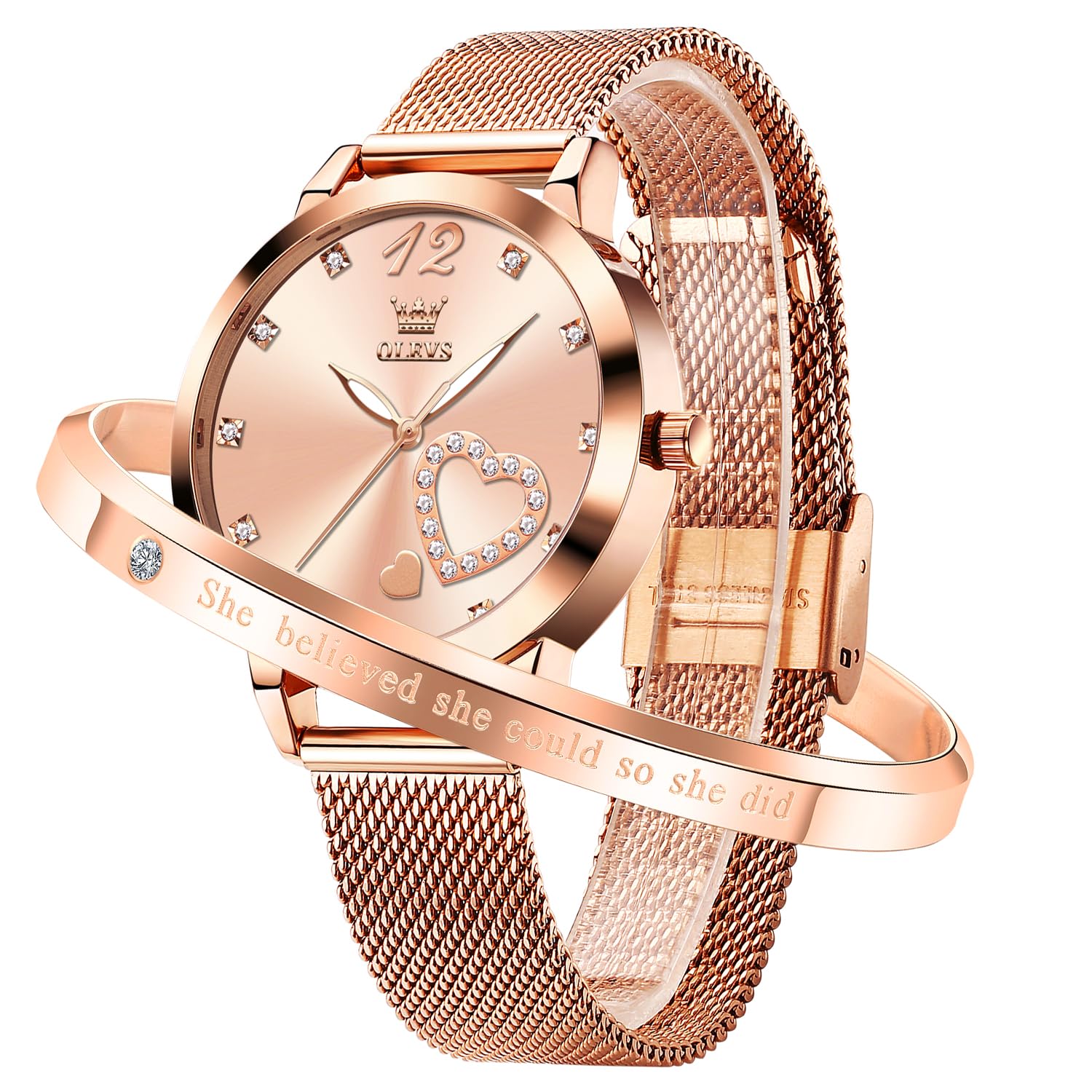 OLEVS Rose Gold Watch for Women Mesh Strap Fashion Dress Hearts Japanese Quartz Waterproof Luminous Ladies Watches Bracelet Sets