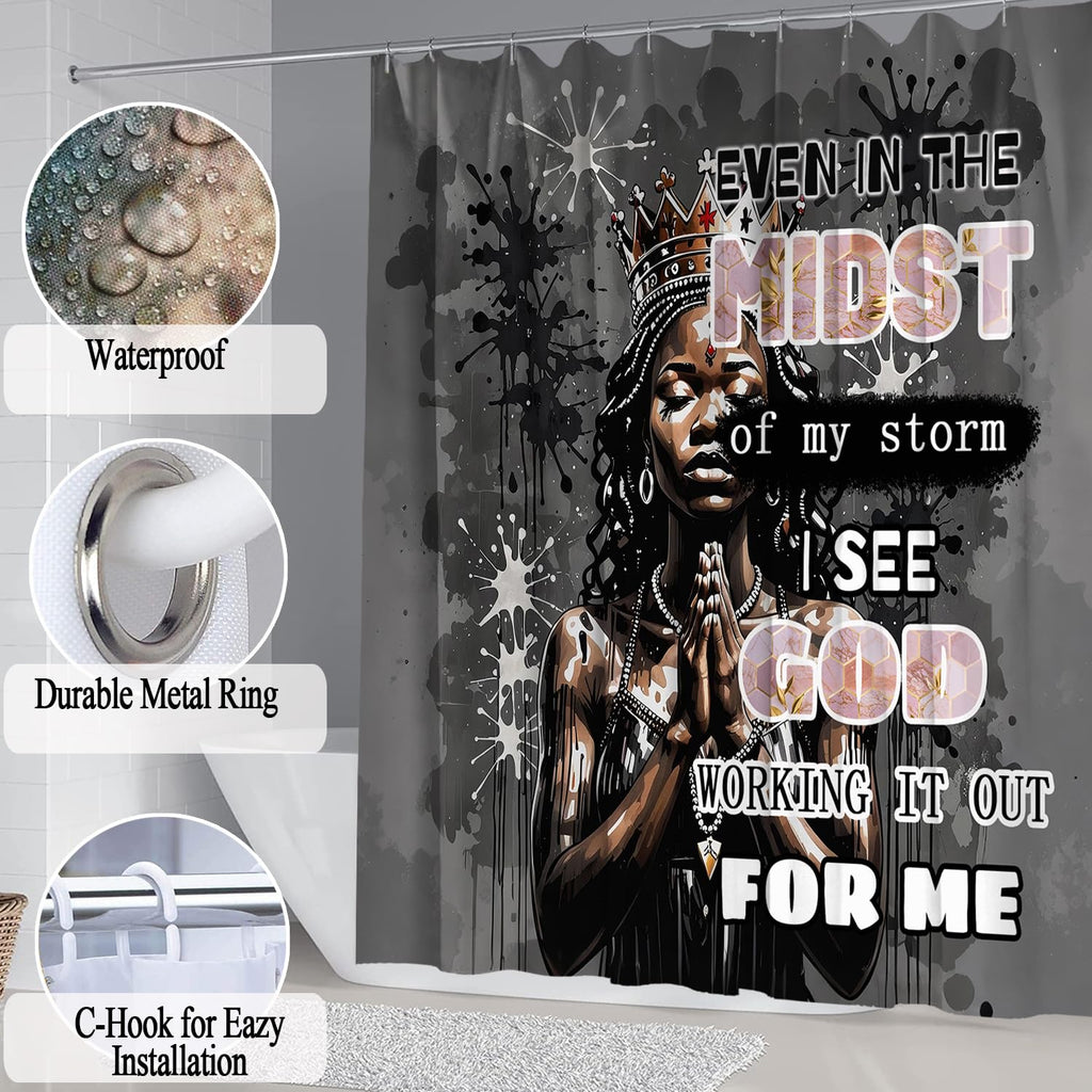 African American Shower Curtain Sets for Bathroom, Black Praying King Bathroom Sets with Waterproof Shower Curtain and Non-Slip Rugs Toilet Lid Cover Bath Mat, Cool Unique Man Bathroom Decor Sets