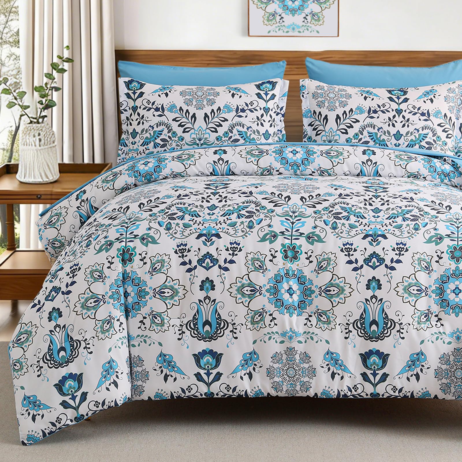DHSFKBE 7 Piece Bed in a Bag Floral Comforter Set, Botanical Flowers Comforter and Sheet Set, Soft Microfiber Lightweight Bedding Comforter Set for All Season(Dark Floral, King)