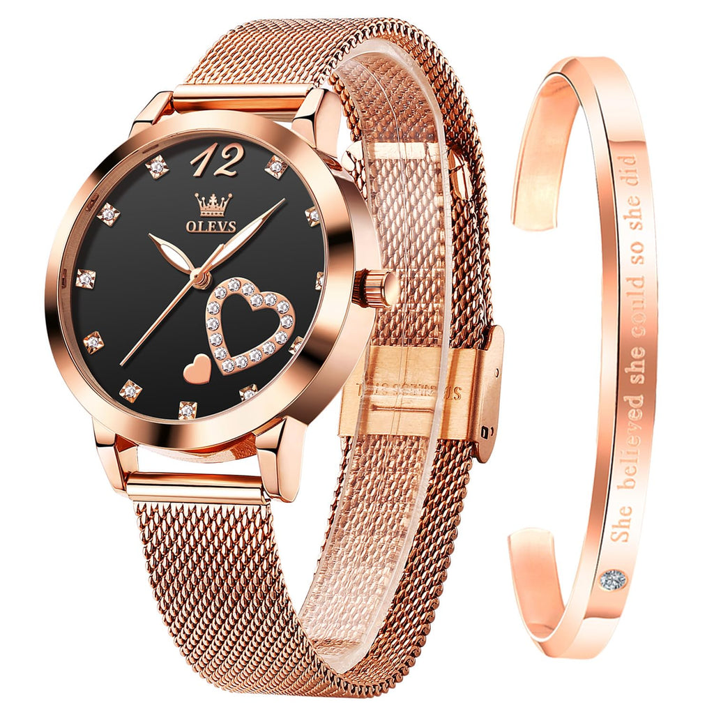 OLEVS Rose Gold Watch for Women Mesh Strap Fashion Dress Hearts Japanese Quartz Waterproof Luminous Ladies Watches Bracelet Sets