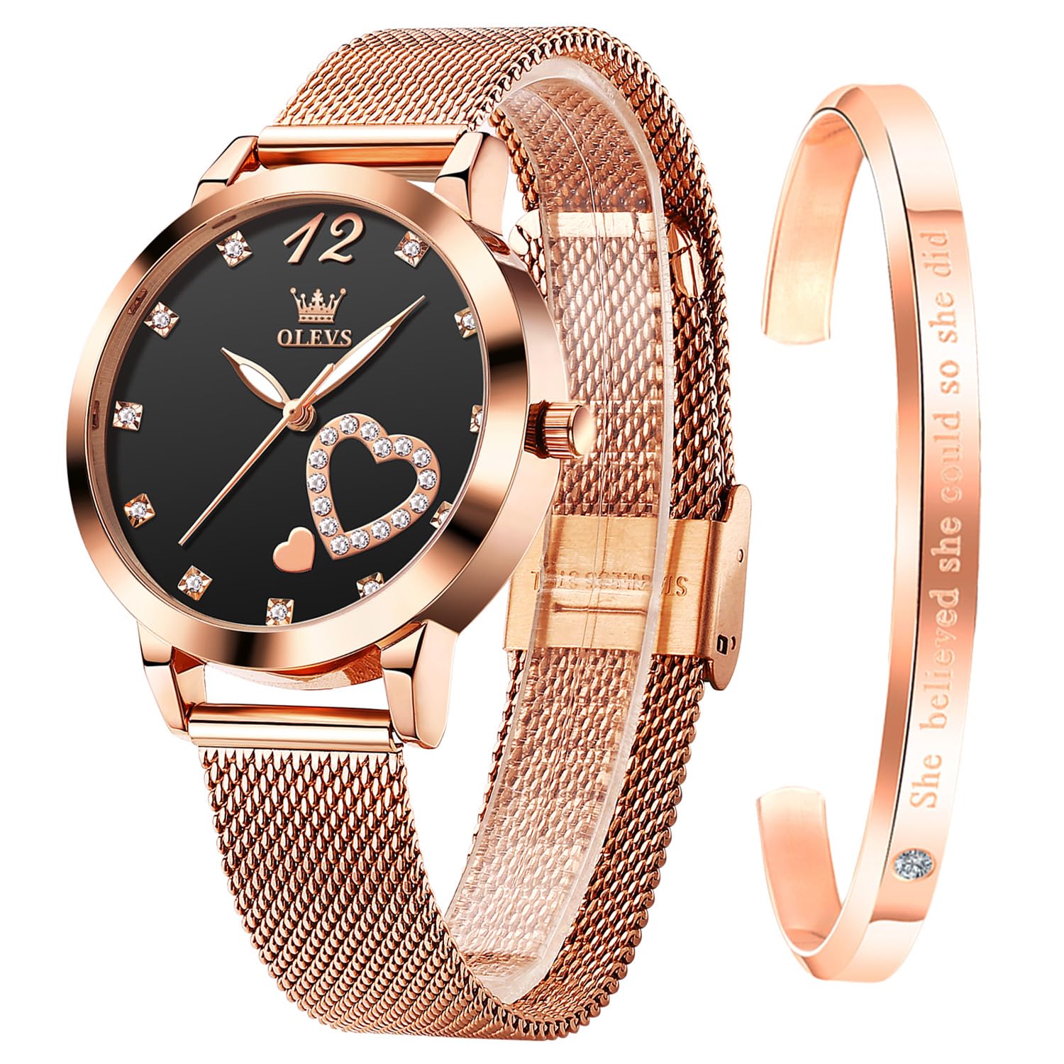 OLEVS Rose Gold Watch for Women Mesh Strap Fashion Dress Hearts Japanese Quartz Waterproof Luminous Ladies Watches Bracelet Sets