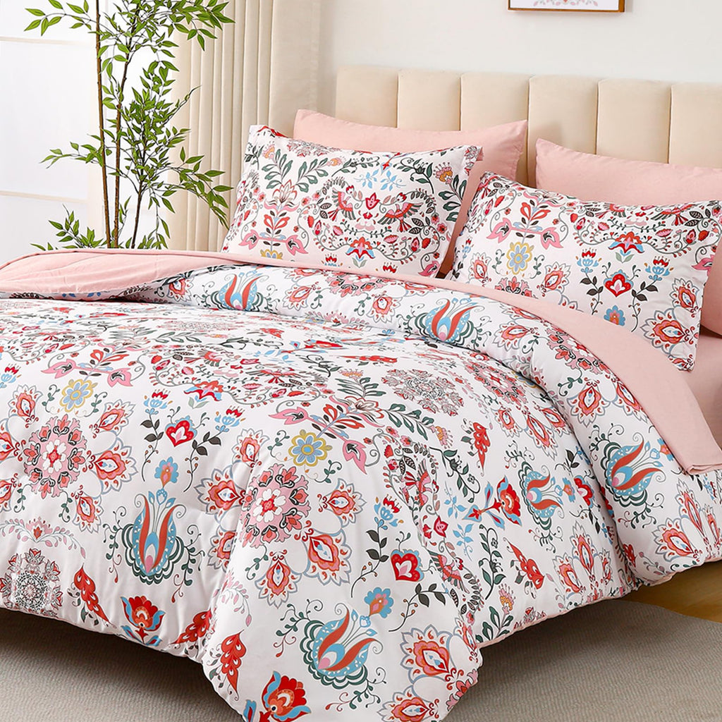 DHSFKBE 7 Piece Bed in a Bag Floral Comforter Set, Botanical Flowers Comforter and Sheet Set, Soft Microfiber Lightweight Bedding Comforter Set for All Season(Dark Floral, King)