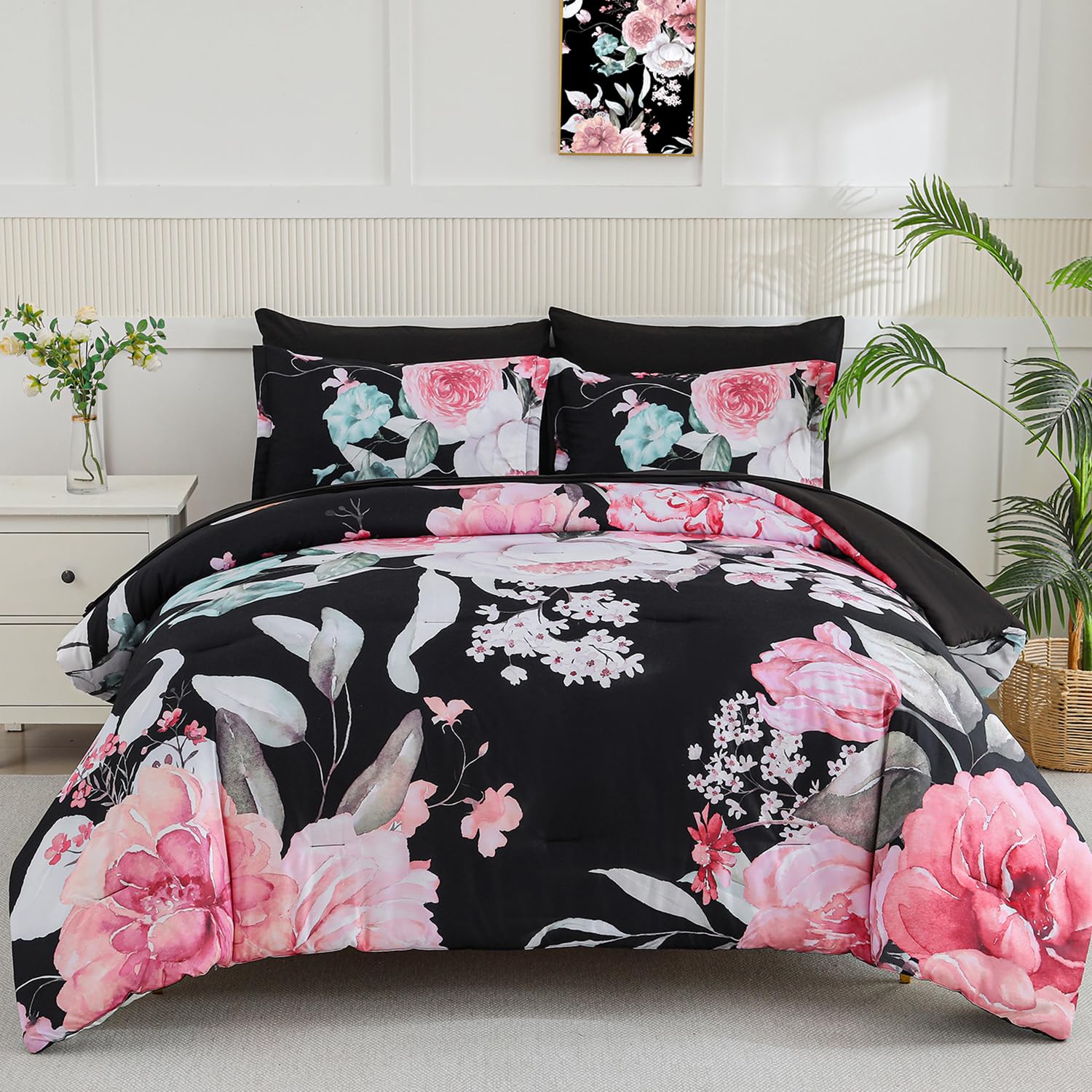 Yogeneg 7 Piece Bed in a Bag King Size Comforter Set Black Bedding Set,Gold Butterfly Leaves Printed on Black Reversible Design,Soft Microfiber Comforter with Sheet Set,All Season(Butterfly,King)