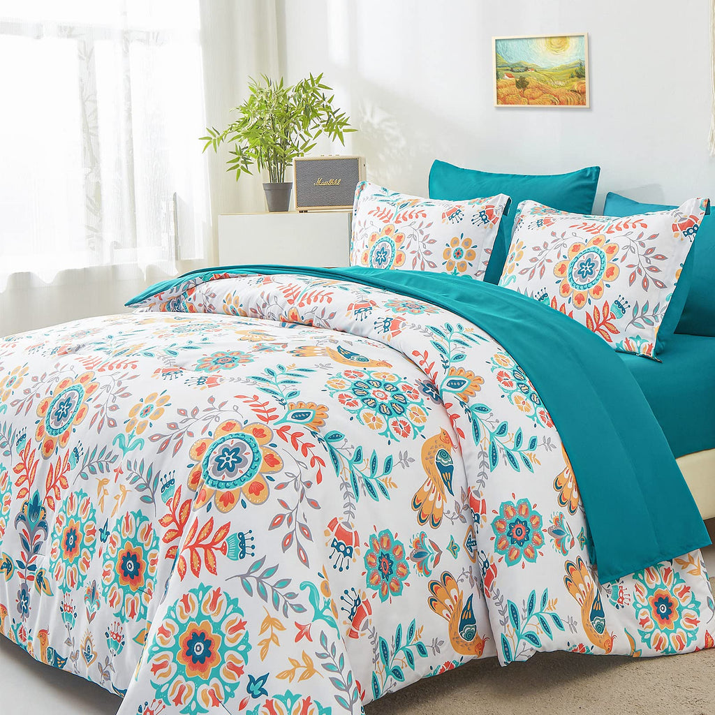 DHSFKBE 7 Piece Bed in a Bag Floral Comforter Set, Botanical Flowers Comforter and Sheet Set, Soft Microfiber Lightweight Bedding Comforter Set for All Season(Dark Floral, King)