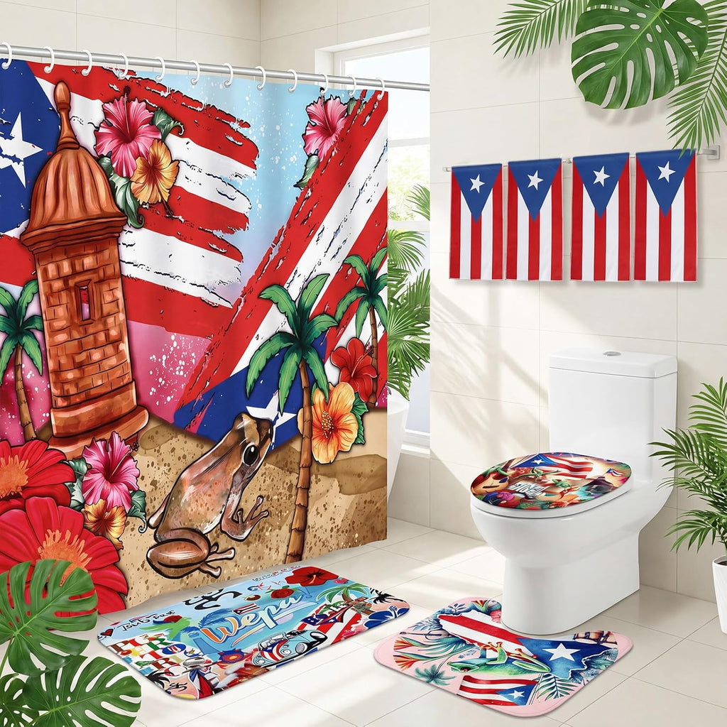 8 Pcs Puerto Rico Bathroom Shower Curtain Set Puerto Rico Bathroom Decor Set Include Shower Curtain Non-Slip Rug Bath Mat Toilet Lid Cover and 4 Towels with 12 Hooks