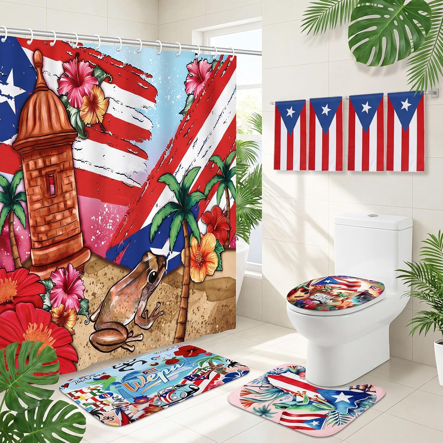 8 Pcs Puerto Rico Bathroom Shower Curtain Set Puerto Rico Bathroom Decor Set Include Shower Curtain Non-Slip Rug Bath Mat Toilet Lid Cover and 4 Towels with 12 Hooks