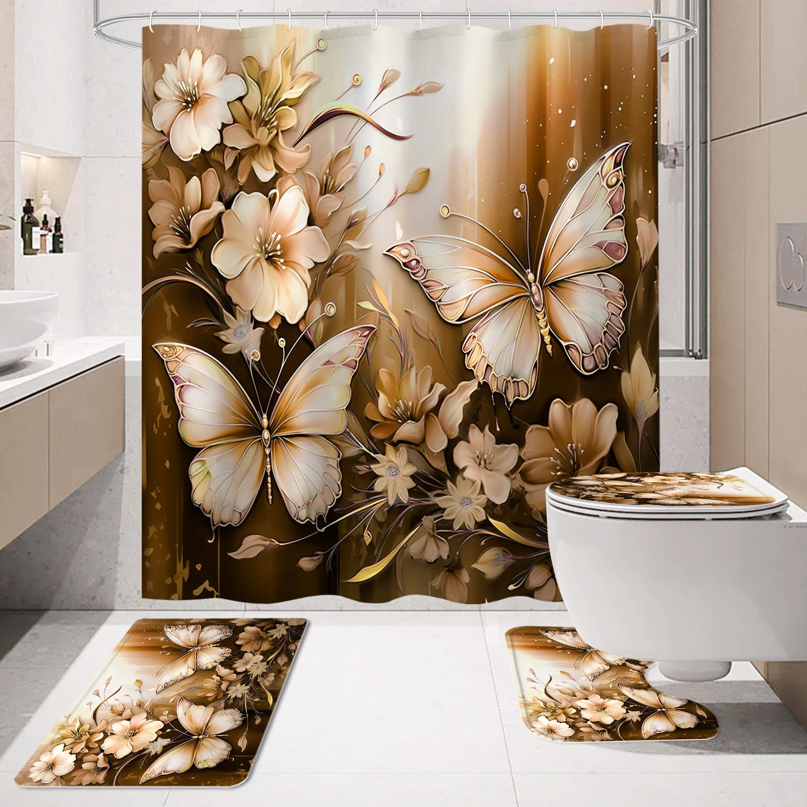 Litabel 4 Pcs Black Floral Butterfly Shower Curtain Set with Non-Slip Rugs, White Gold Modern Toilet Lid Cover and Bath Mat, Elegant Bathroom Decor Set (Hooks Not Included)