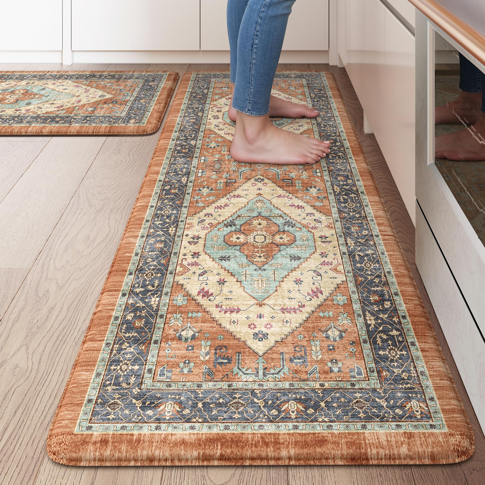 KIMODE Kitchen Mats 2PCS,Cushioned Anti Fatigue Kitchen Rugs and Mats,Non Skid Waterproof Kitchen Mats for Floor,Comfort Foam Standing Mat for Home Decor, Office,Sink,Laundry Room,Desk,Black and White