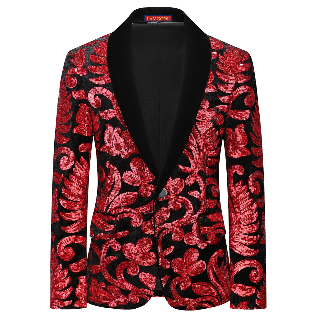 Lamgool Boys Tuxedo Suit Slim Fit Formal Set 2 Pieces with Floral Jacquard Sequin Blazer Black Pants for Kids Prom Wedding