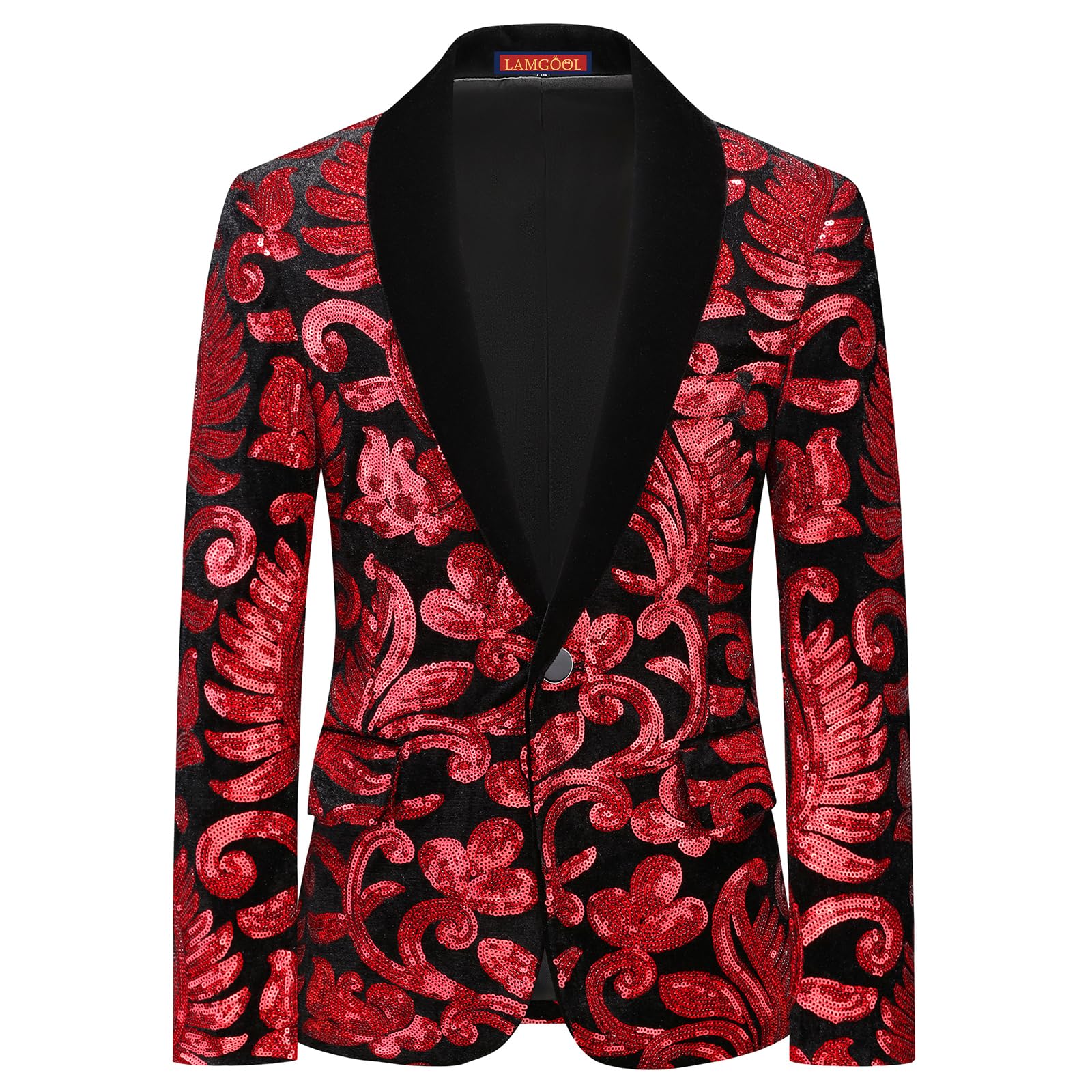 Lamgool Boys Tuxedo Suit Slim Fit Formal Set 2 Pieces with Floral Jacquard Sequin Blazer Black Pants for Kids Prom Wedding