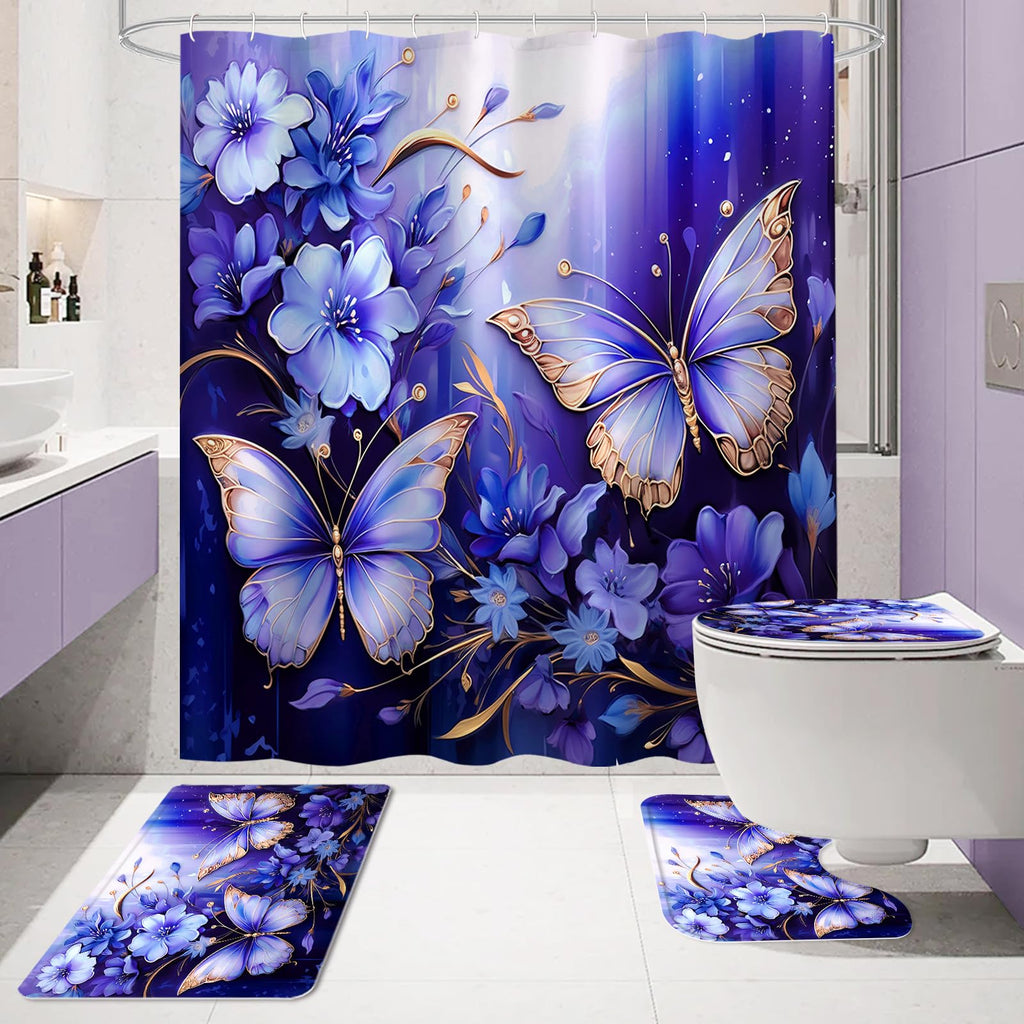 Litabel 4 Pcs Black Floral Butterfly Shower Curtain Set with Non-Slip Rugs, White Gold Modern Toilet Lid Cover and Bath Mat, Elegant Bathroom Decor Set (Hooks Not Included)