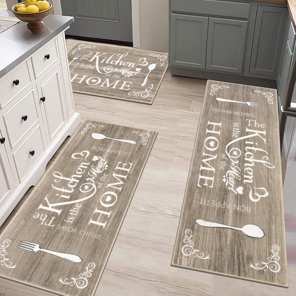 Vaukki Boho Kitchen Rug Sets 3 Pieces, Washable Kitchen Mats for Floor, Non Slip Soft Kitchen Area Rug Floor Mat for Kitchen, Laundry Room and Hallway (Grey and Beige, 20''x32''+20''x47''+20''x59'')