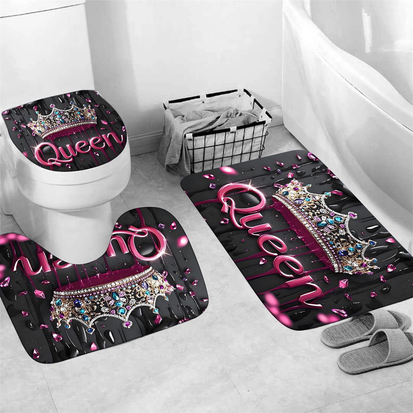 AZHM Golden Crown Print Shower Curtain Set Black Luxury Bathroom Accessories Sets with Shower Curtain and Rugs