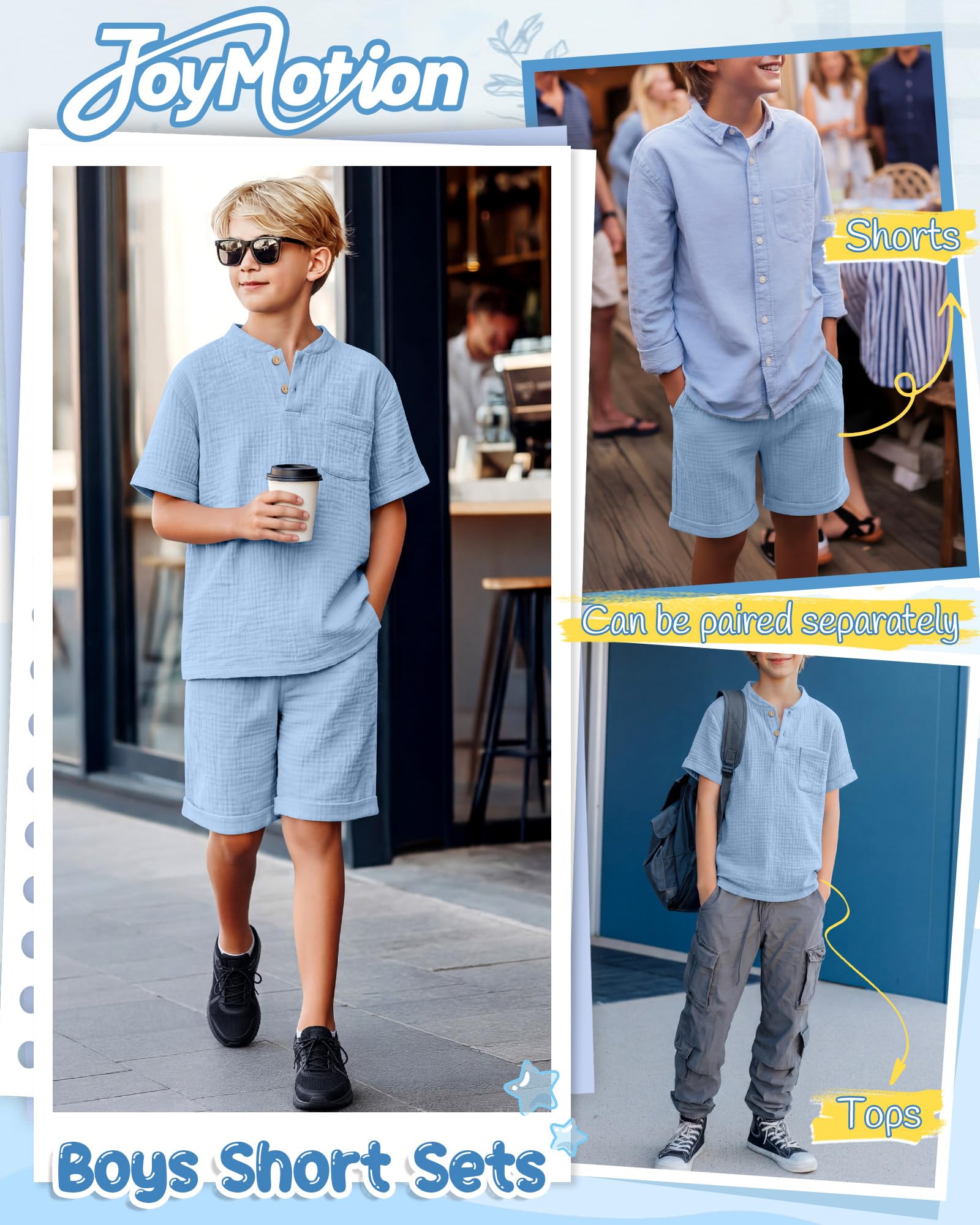Boys 2 Piece Cotton Outfits 5-14Y Short Sleeve Button Down Shirt Shorts Pockets Summer Clothes Henley Casual Set