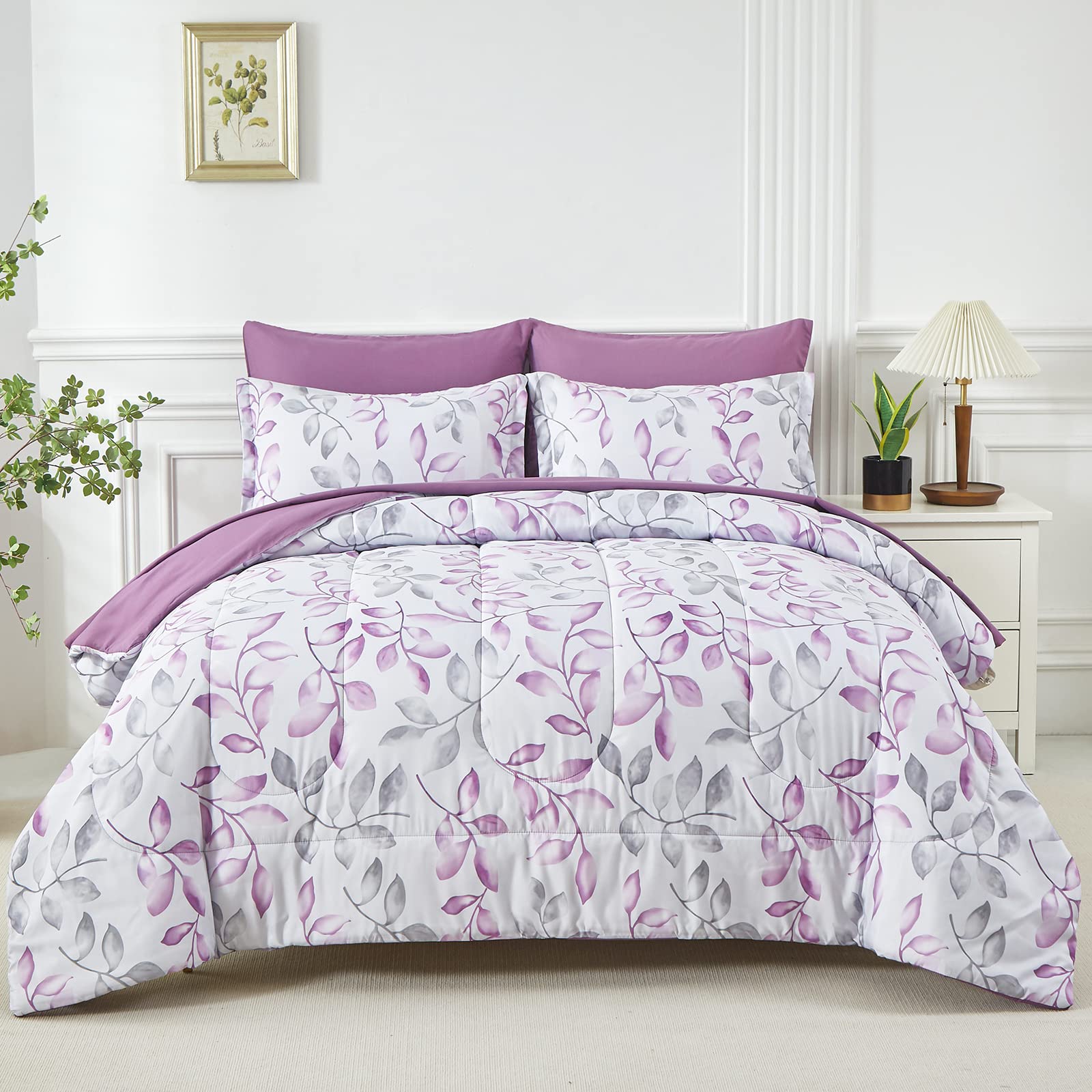 Yogeneg 7 Piece Bed in a Bag King Size Comforter Set Black Bedding Set,Gold Butterfly Leaves Printed on Black Reversible Design,Soft Microfiber Comforter with Sheet Set,All Season(Butterfly,King)