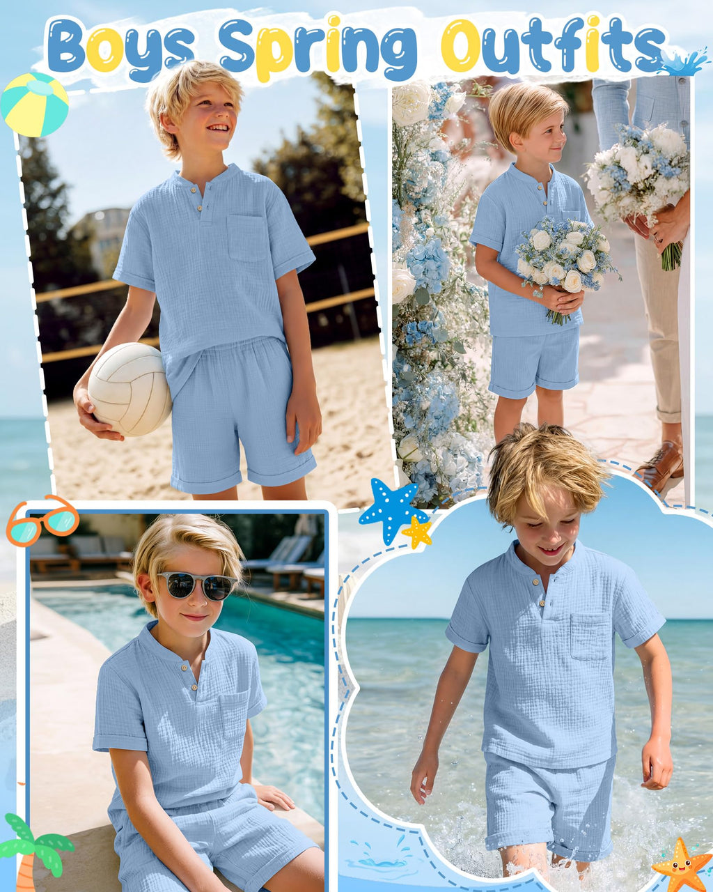 Boys 2 Piece Cotton Outfits 5-14Y Short Sleeve Button Down Shirt Shorts Pockets Summer Clothes Henley Casual Set