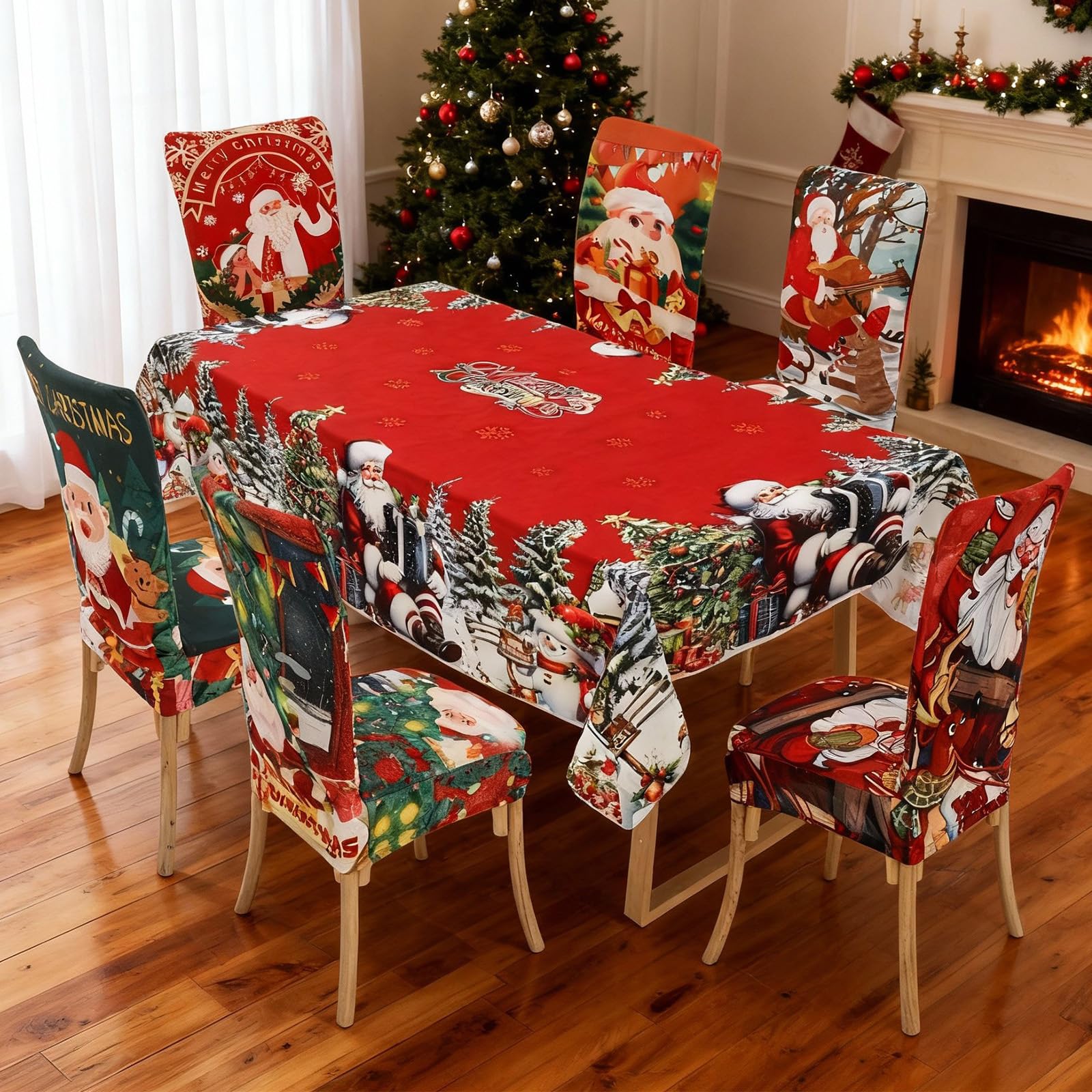 7 Pcs Sunflower Chair Covers and Tablecloth Set 60 x 84 Inch Waterproof Stain Rectangular Table Cover with Stretchable Removable Chair Slipcovers for Dining Room Kitchen Patio Summer Parties