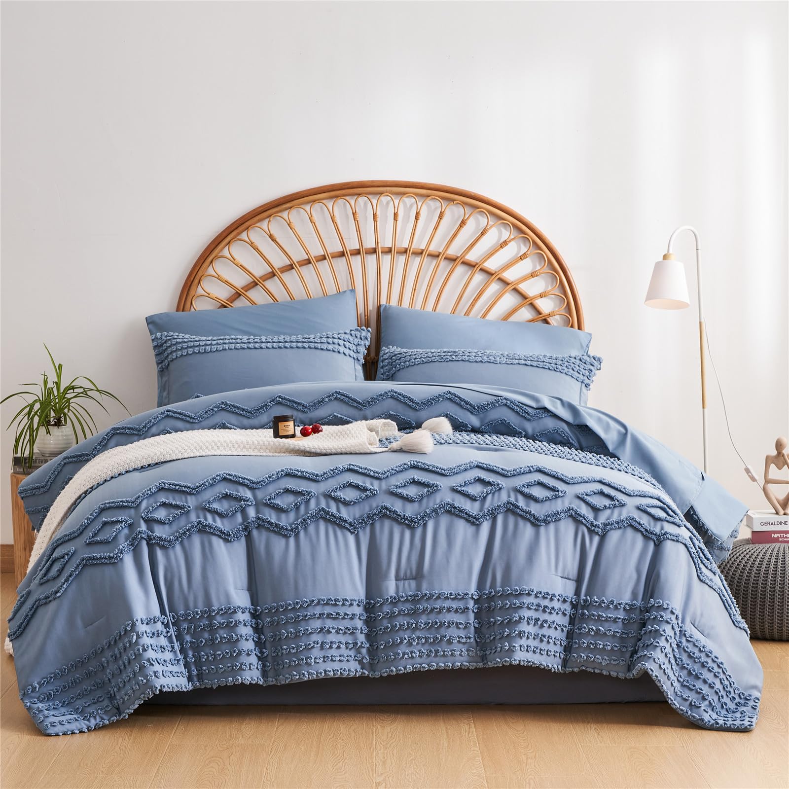 KAKIJUMN Grey Tufted Comforter Set King Size 7 Piece Bed in a Bag, Shabby Chic Boho Comforter and Sheet Set, Pom Pom Textured Bed Set, All Season Soft Microfiber Complete Bedding Set(Grey,King)