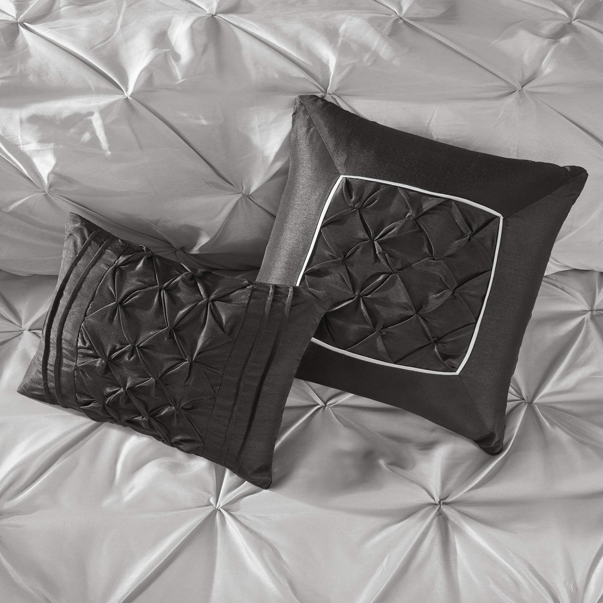 Madison Park Essentials Room in a Bag Faux Silk Comforter Set - Luxe Diamond Tufting All Season Bedding, Matching Curtains, Decorative Pillows, Taupe King(104"x92") 24 Piece