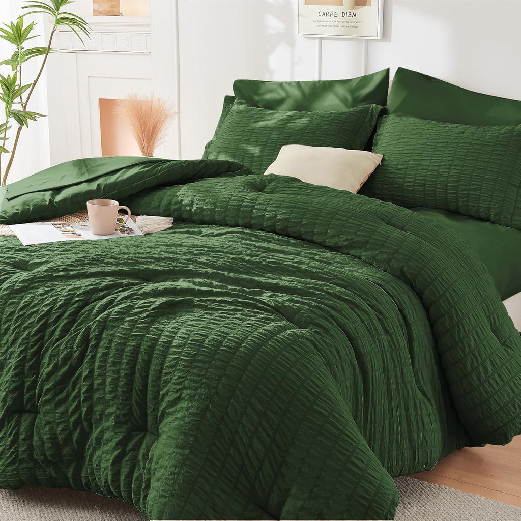 HYMOKEGE 7 Piece King Size Comforter Set Seersucker, All Season Luxury Bed in a Bag for Bedroom, Bedding Set with Comforters, Sheets, Pillowcases & Shams, Dark Grey