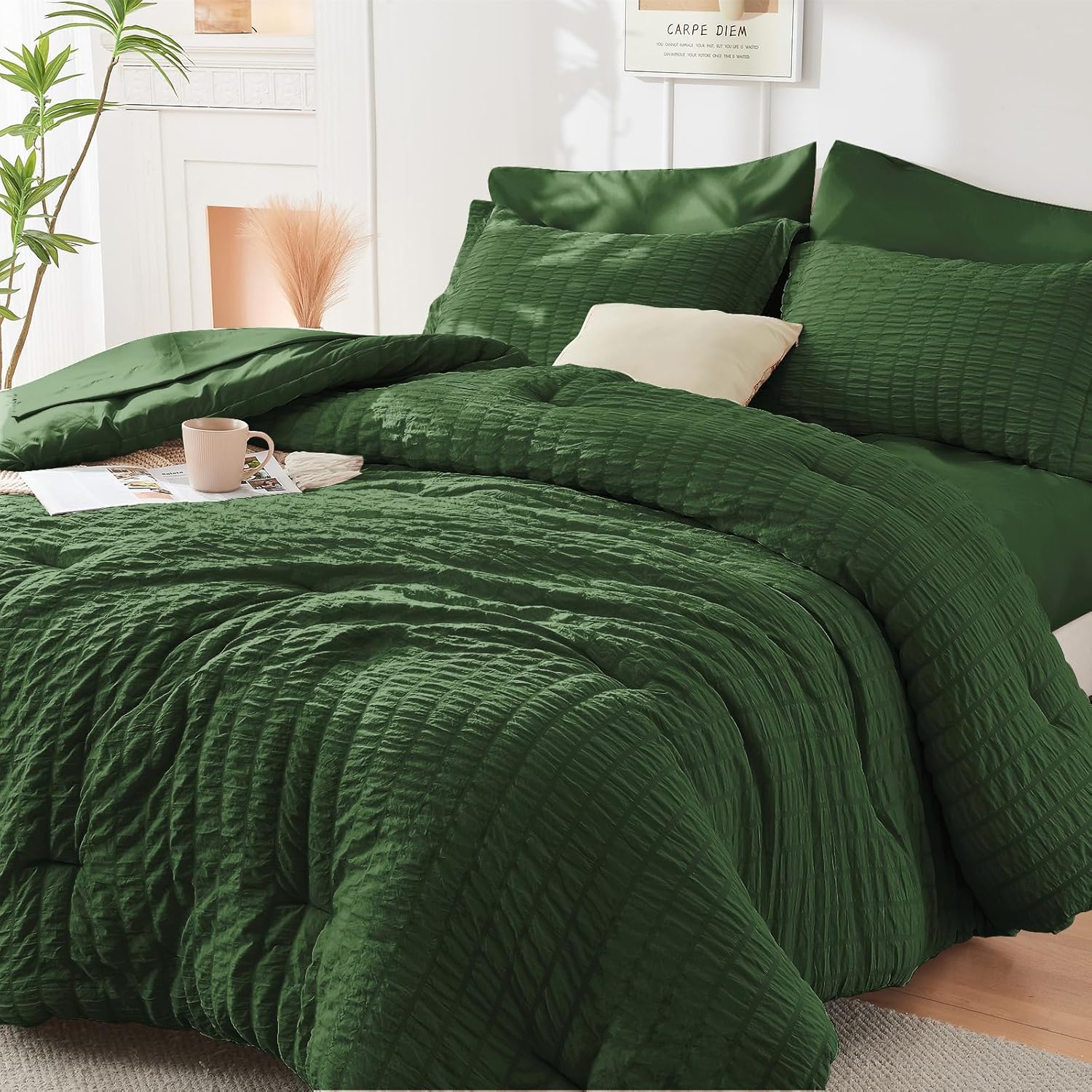 HYMOKEGE 7 Piece King Size Comforter Set Seersucker, All Season Luxury Bed in a Bag for Bedroom, Bedding Set with Comforters, Sheets, Pillowcases & Shams, Dark Grey