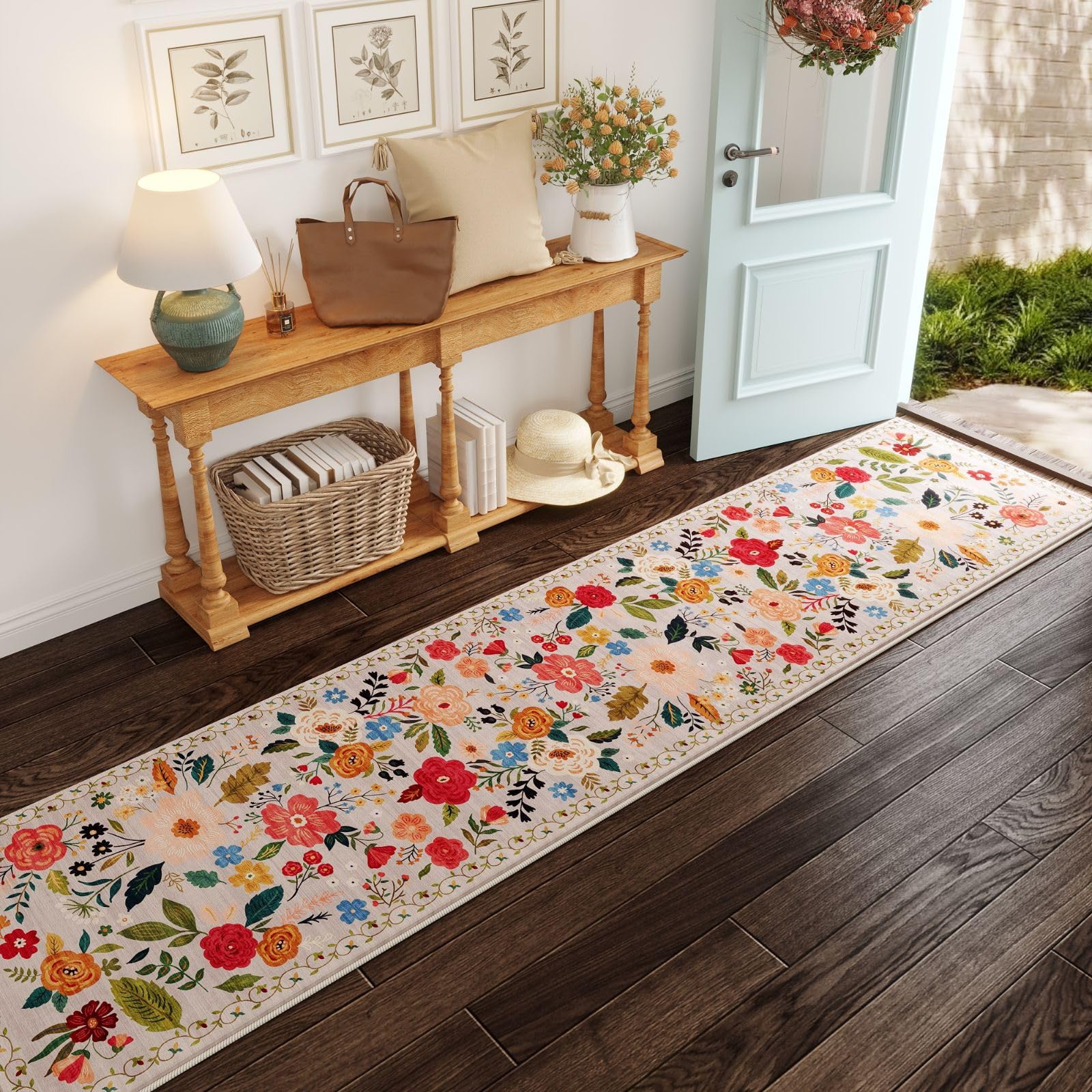 Rugcomf Area Rugs 8x10 Rug for Living Room Clearance Washable Boho Area Rug Non Slip Floral Vintage Low Pile Large Rug for Living Room, Bedroom, Farmhouse, Dining Room, Kids Playroom(Black)