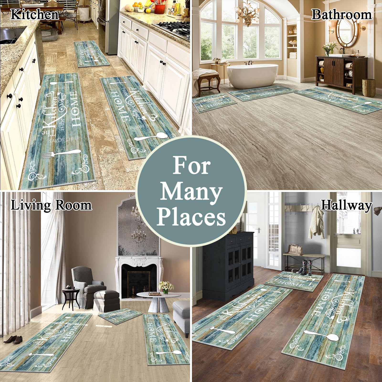 Vaukki Boho Kitchen Rug Sets 3 Pieces, Washable Kitchen Mats for Floor, Non Slip Soft Kitchen Area Rug Floor Mat for Kitchen, Laundry Room and Hallway (Grey and Beige, 20''x32''+20''x47''+20''x59'')