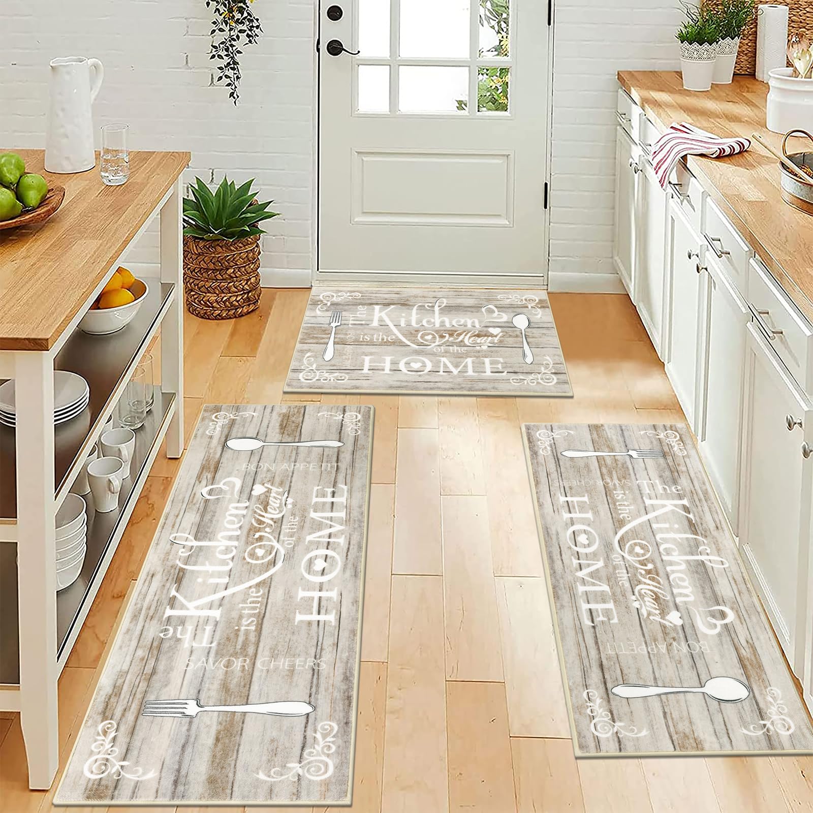 Vaukki Boho Kitchen Rug Sets 3 Pieces, Washable Kitchen Mats for Floor, Non Slip Soft Kitchen Area Rug Floor Mat for Kitchen, Laundry Room and Hallway (Grey and Beige, 20''x32''+20''x47''+20''x59'')