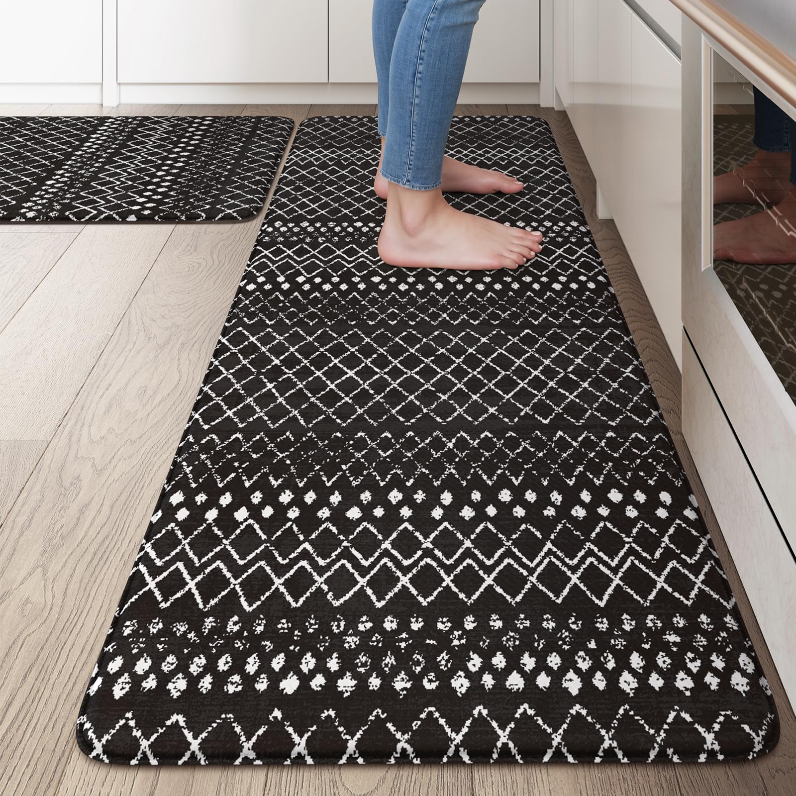 KIMODE Kitchen Mats 2PCS,Cushioned Anti Fatigue Kitchen Rugs and Mats,Non Skid Waterproof Kitchen Mats for Floor,Comfort Foam Standing Mat for Home Decor, Office,Sink,Laundry Room,Desk,Black and White